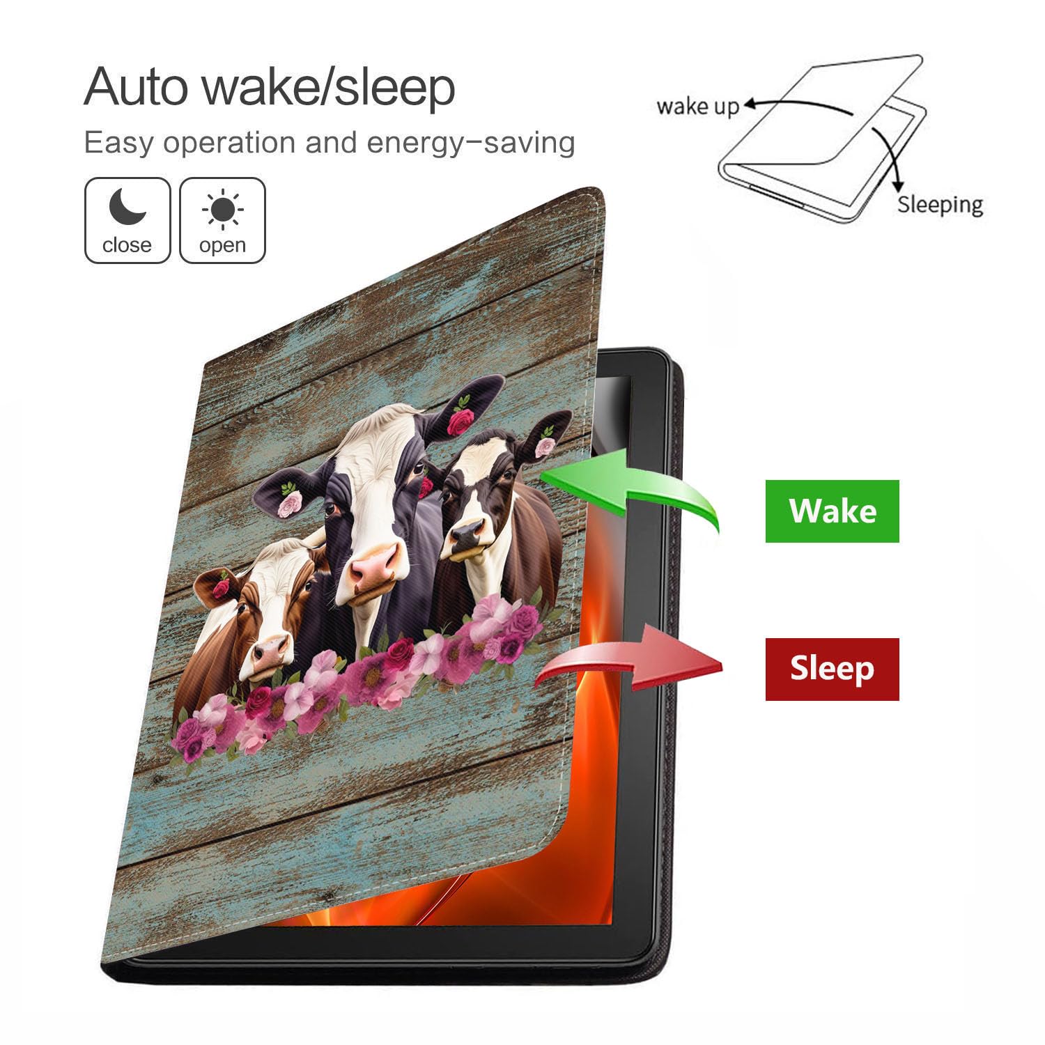 Premium iPad 9.7 Case with Auto Wake/Sleep - Adjustable Stand Protective Cover for iPad 6th/5th Gen, iPad Air, Air 2 & Pro 9.7 - Rustic Wood Design with Funny Cows Pattern (Includes Coasters) | Perfect for Home, Office & Travel Use