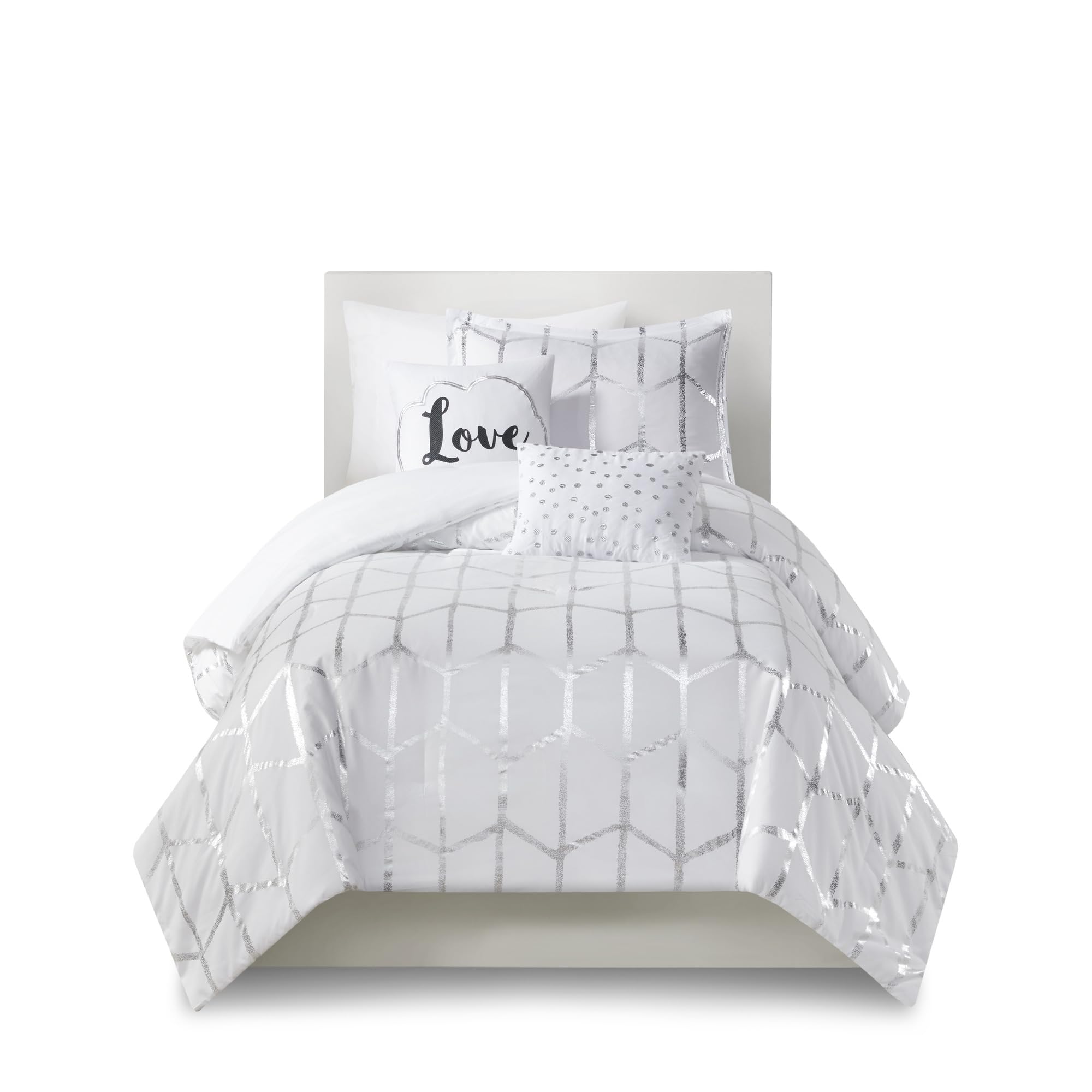 Intelligent Design Raina Twin/Twin XL Comforter Set - Soft Microfiber Geometric Bedding with Metallic Accents, 4-Piece College Dorm Essentials (Comforter, Sham & 2 Decorative Pillows) in White | Perfect for Teen Rooms, Guest Bedrooms & Modern Apartments