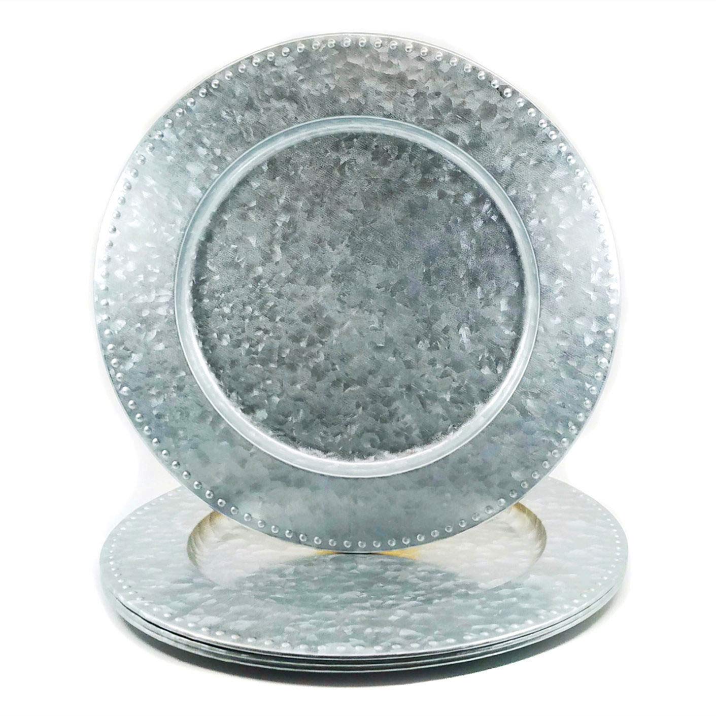 KX-WARE 13-inch Silver Galvanized Steel Beaded Charger Plates Set of 4 - Elegant Dinnerware for Wedding, Party & Formal Dining Decor