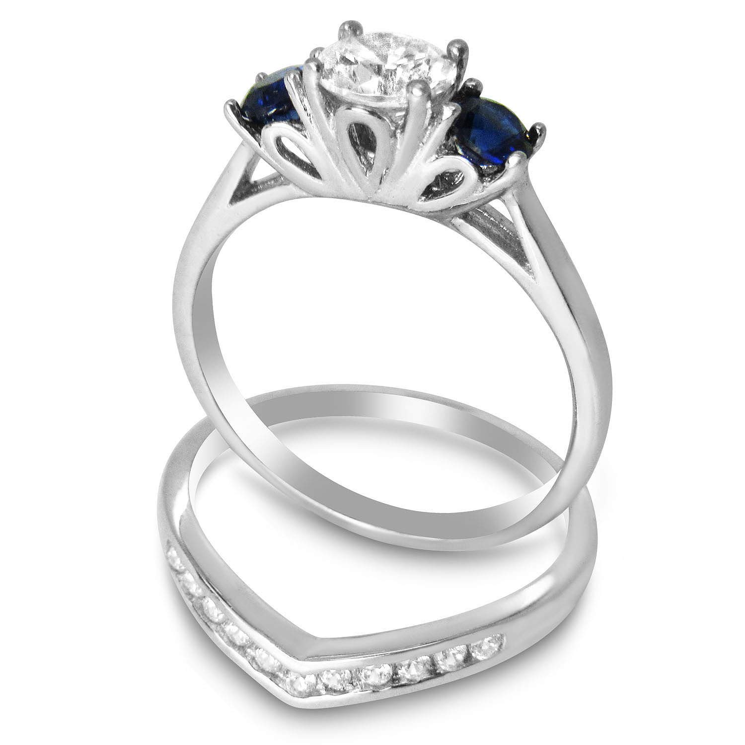 His and Hers Wedding Ring Set - Simulated Sapphire Silver Titanium Wedding Bands for Couples - Perfect for Anniversaries, Engagements & Romantic Gifts