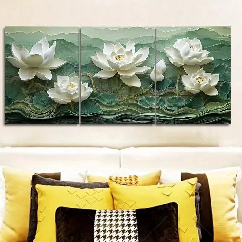 3-Piece White Lotus Flower Metal Wall Art Prints - Ready to Hang Home Decor for Living Room, Bedroom & Office