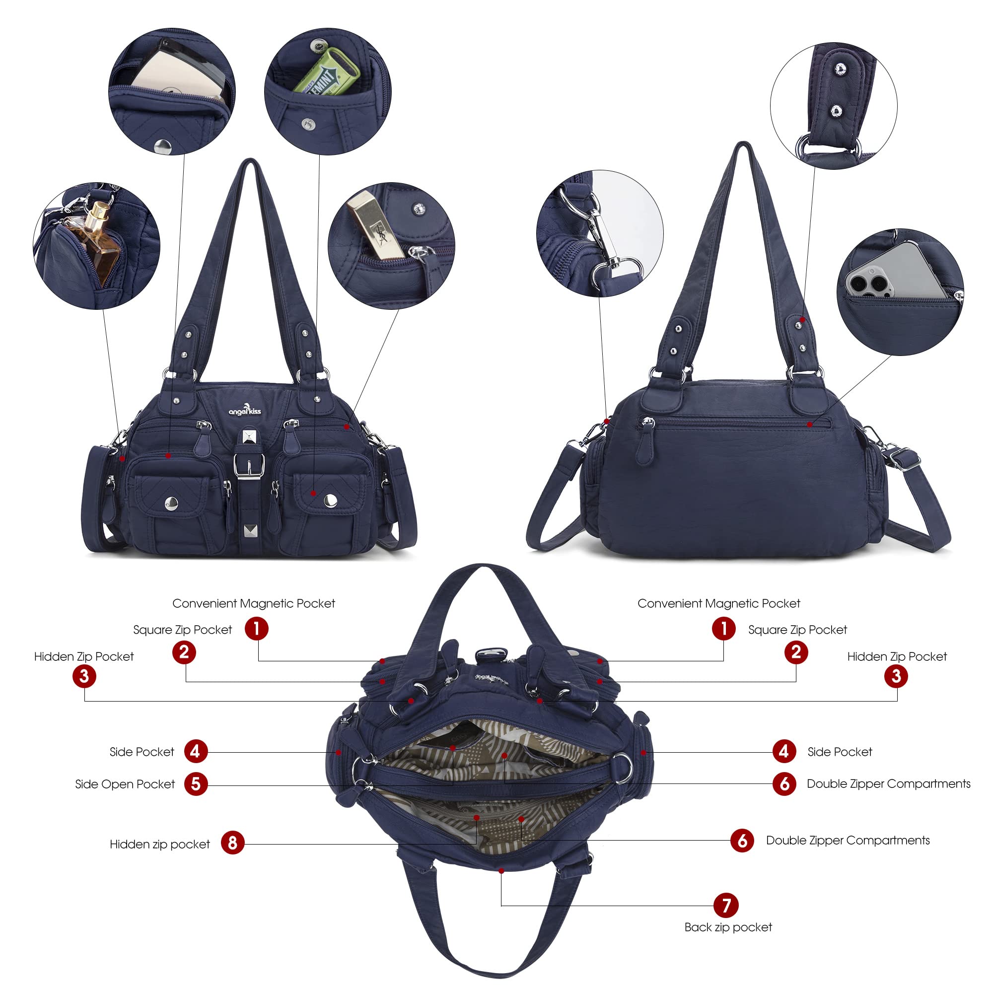 Angel Kiss Women's Hobo Crossbody Shoulder Bag - Multipocket Soft Leather Handbag with Removable Strap | Perfect for Work, Travel & Everyday Use