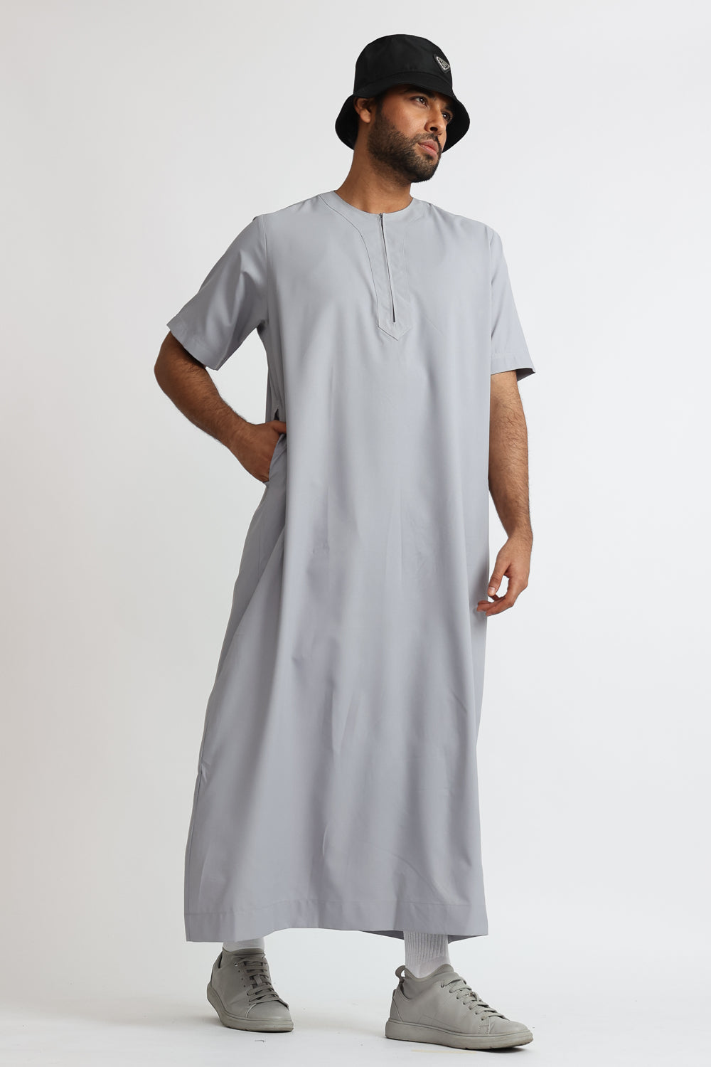 Premium Grey Cloud Half Sleeve Thobe for Men - Comfortable & Stylish Islamic Clothing - Perfect for Prayer, Eid, and Special Occasions