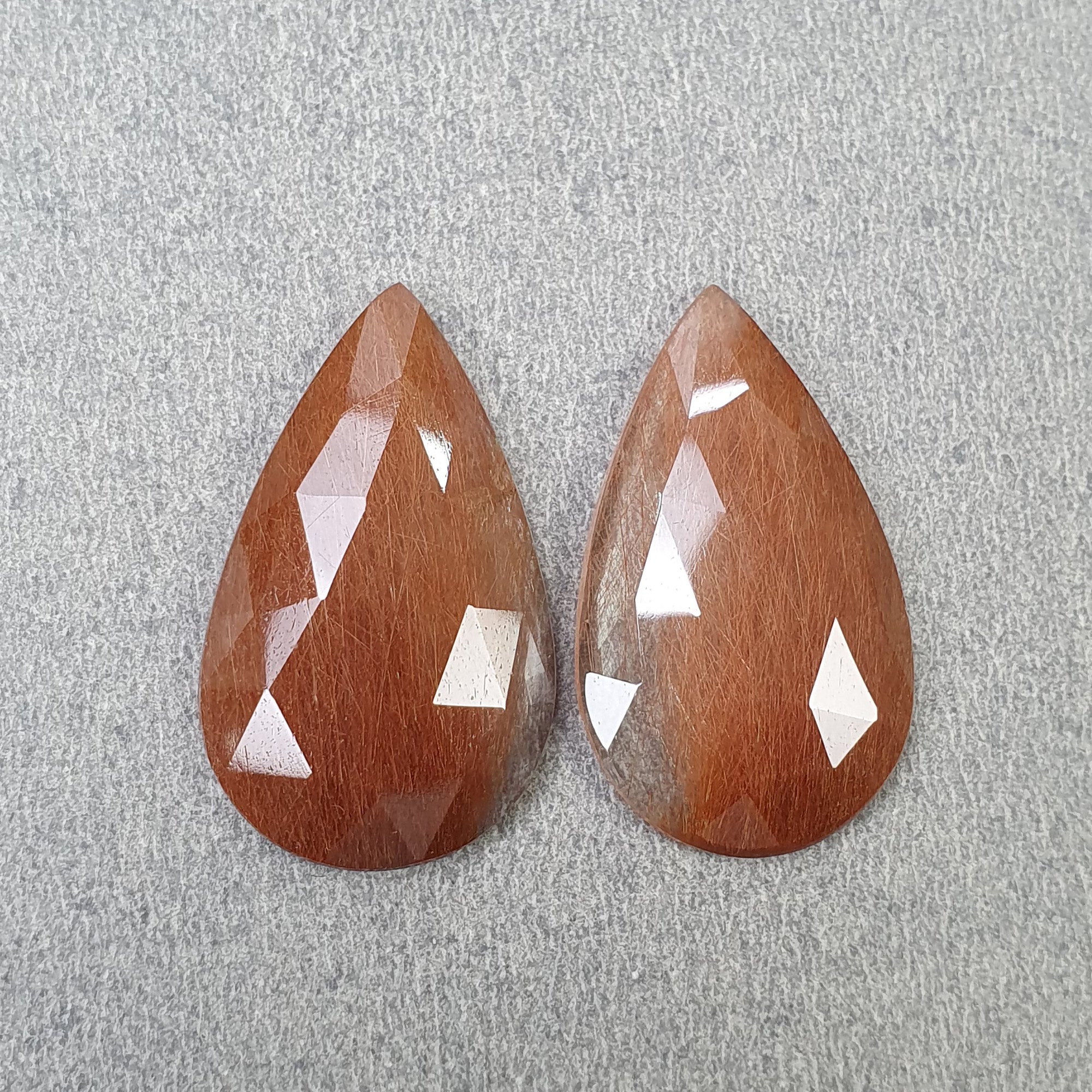 Natural Brown Rutile Quartz Gemstone Rose Cut - 33.00cts Untreated Pear Shape 30x18mm Pair | Healing Crystal, Jewelry Making, Meditation Stone (With Video)