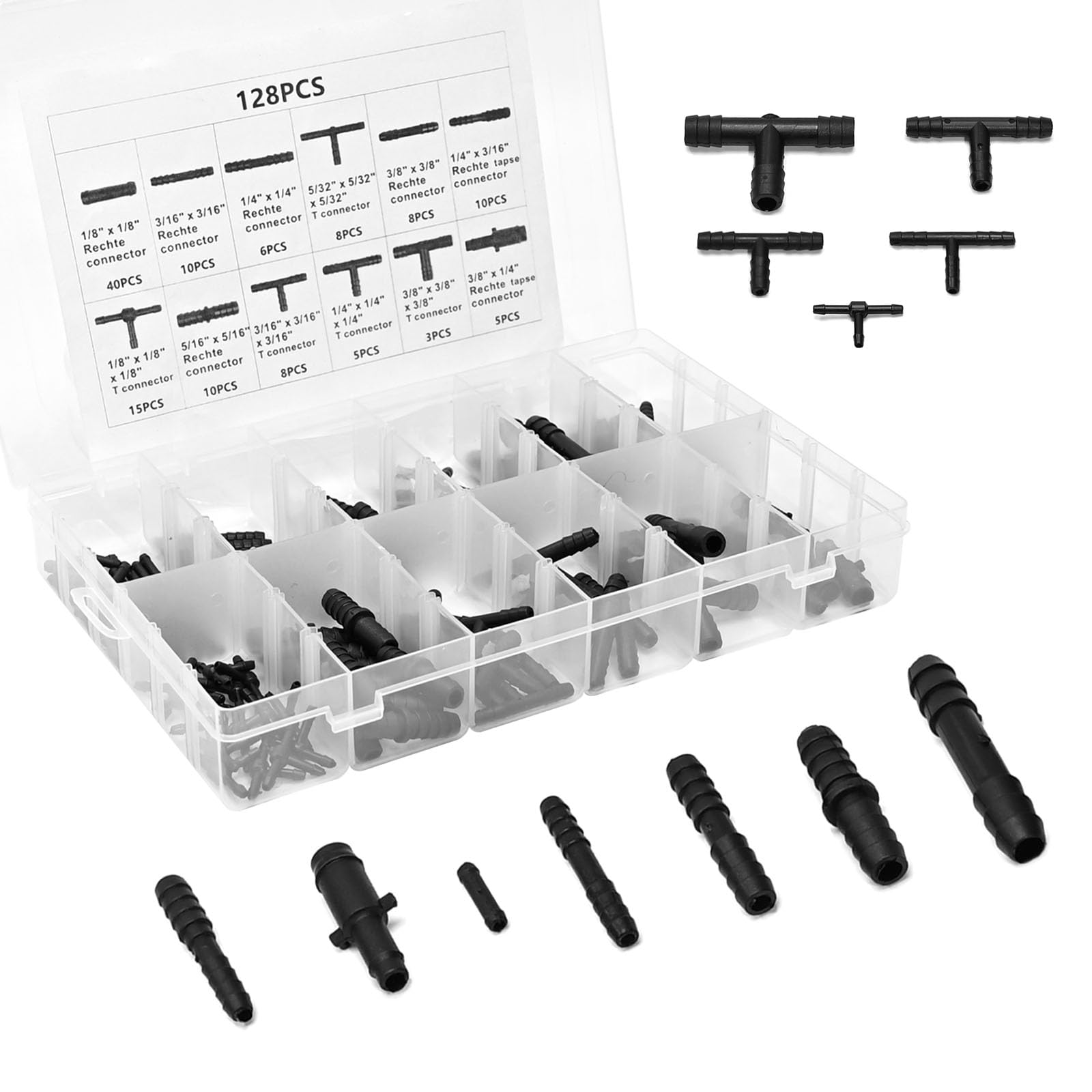 113-Piece Vacuum Fittings Assortment Kit - Black Nylon Vacuum Connectors with Heat Resistance up to 460°F (240°C) - Includes 12 Sizes of Tee Connectors for HVAC, Automotive & Industrial Applications