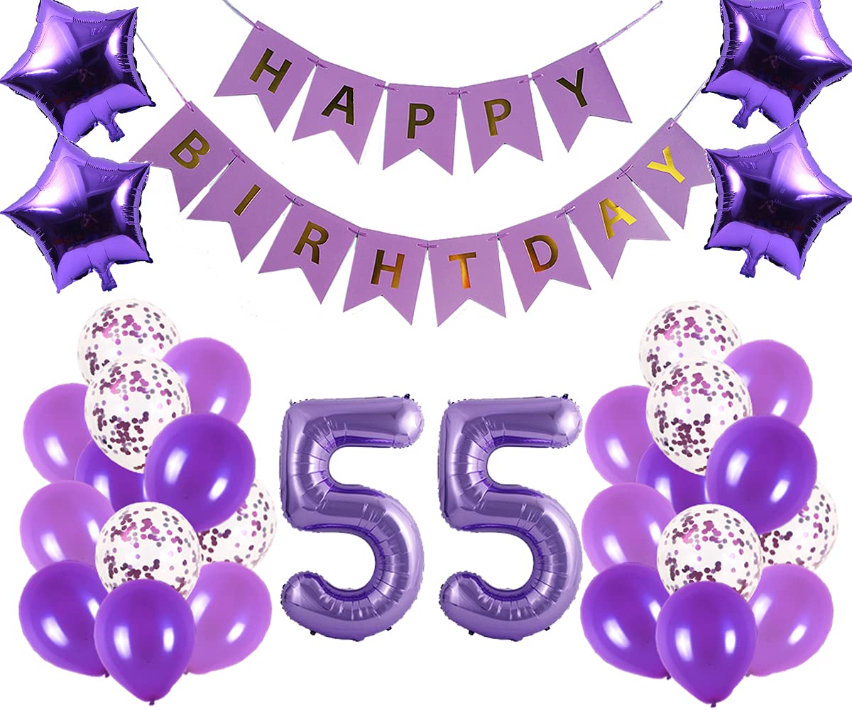 55th Birthday Party Decorations Kit - Happy Birthday Banner, Number 55 Balloons & Purple Party Supplies for 55th Birthday Celebrations - Perfect for Milestone Birthdays, Retirement Parties & Anniversary Decorations