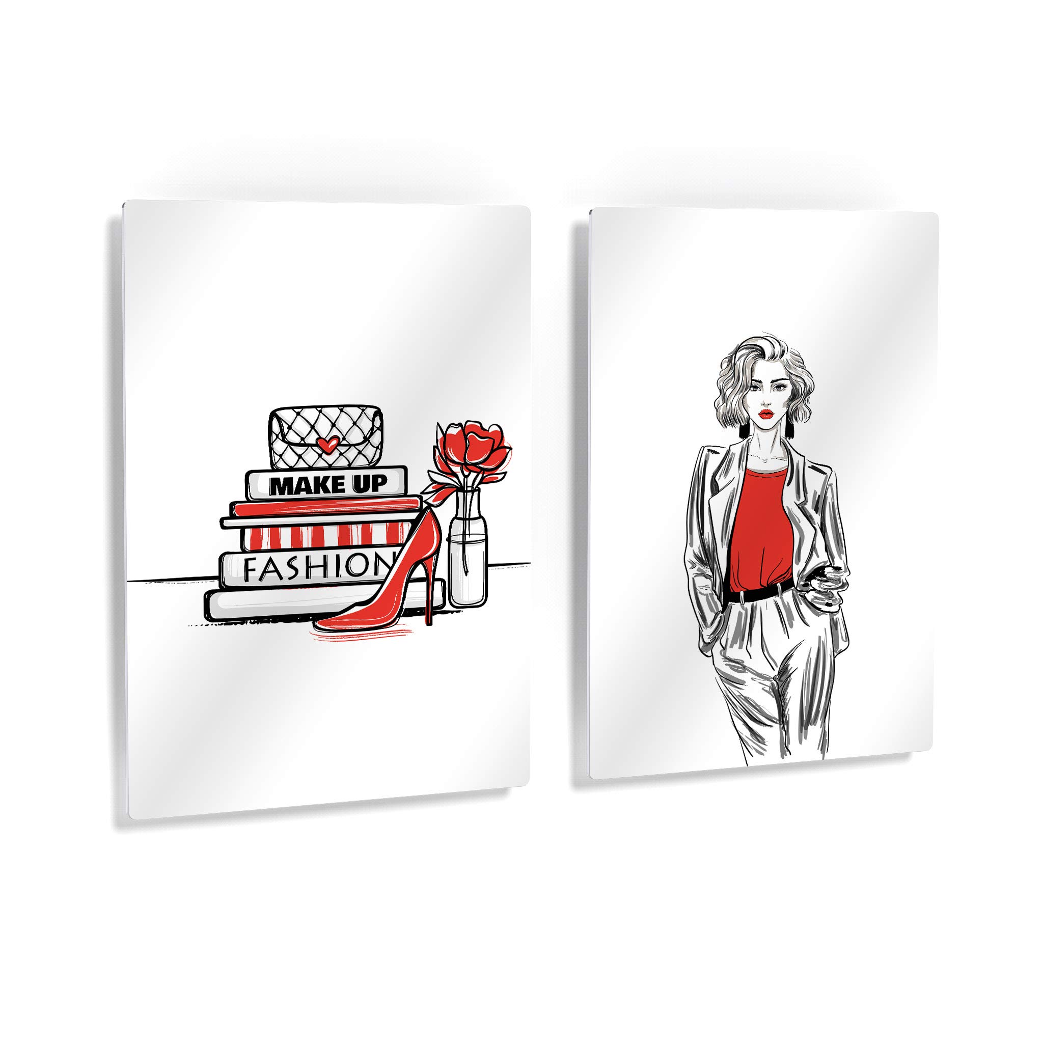 Stylish 2-Panel Glam Fashion Metal Wall Art Print Set - Red, Black & White Book, Bag & High Heels Design - Perfect for Office, Bathroom, Women's Dorm, Bedroom & Living Room Decor (12x8 Inches, Set of 2) - Ideal for Home Decor, Gift Giving & Fashion Enthusiasts
