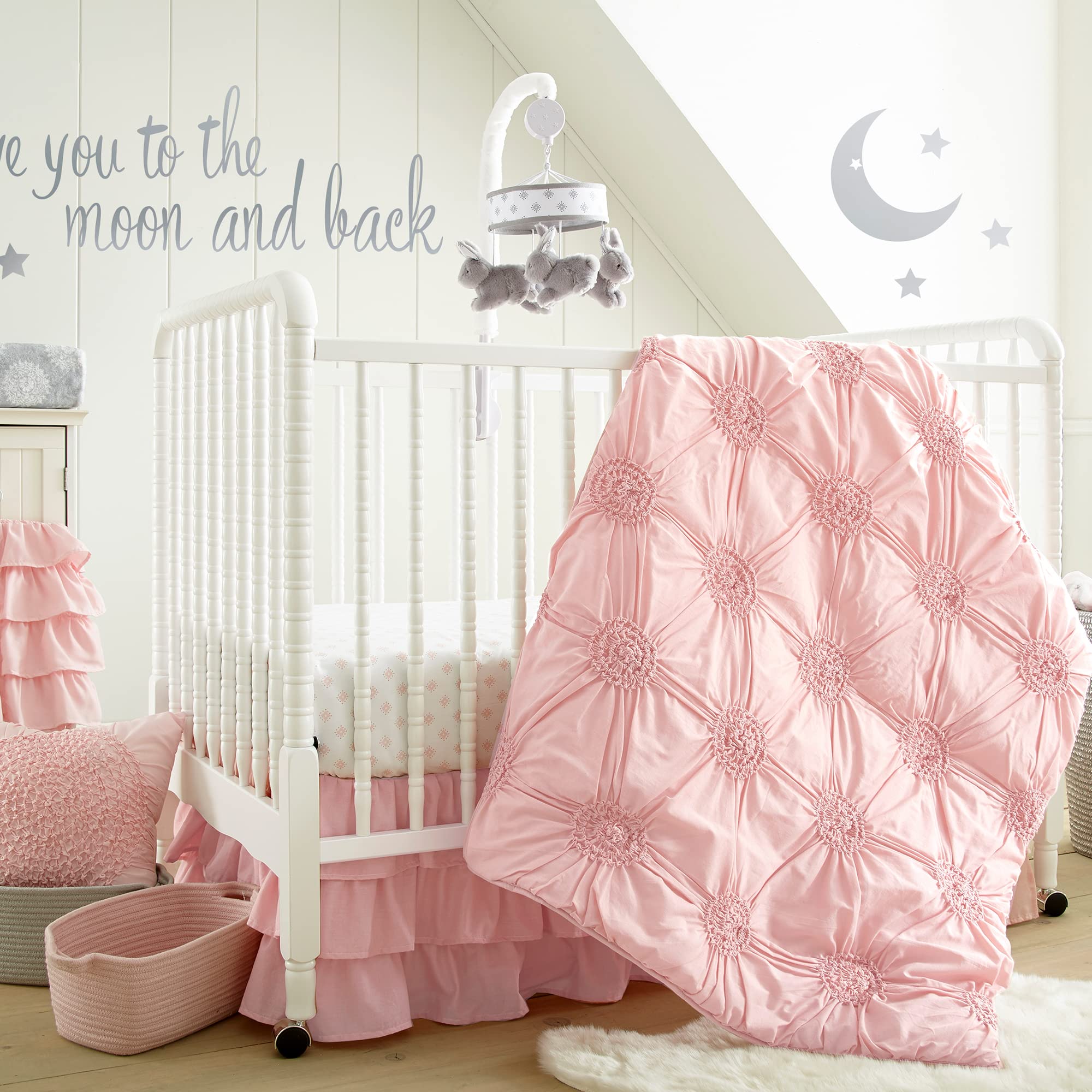Levtex Baby Willow 5-Piece Crib Bedding Set - Soft Rosette Pintuck Nursery Collection in Pink (Quilt, Fitted Sheet, Diaper Stacker, Wall Decal & Crib Skirt) - Perfect for Newborn & Toddler Room Decor, Baby Shower Gifts & Cozy Nursery Essentials