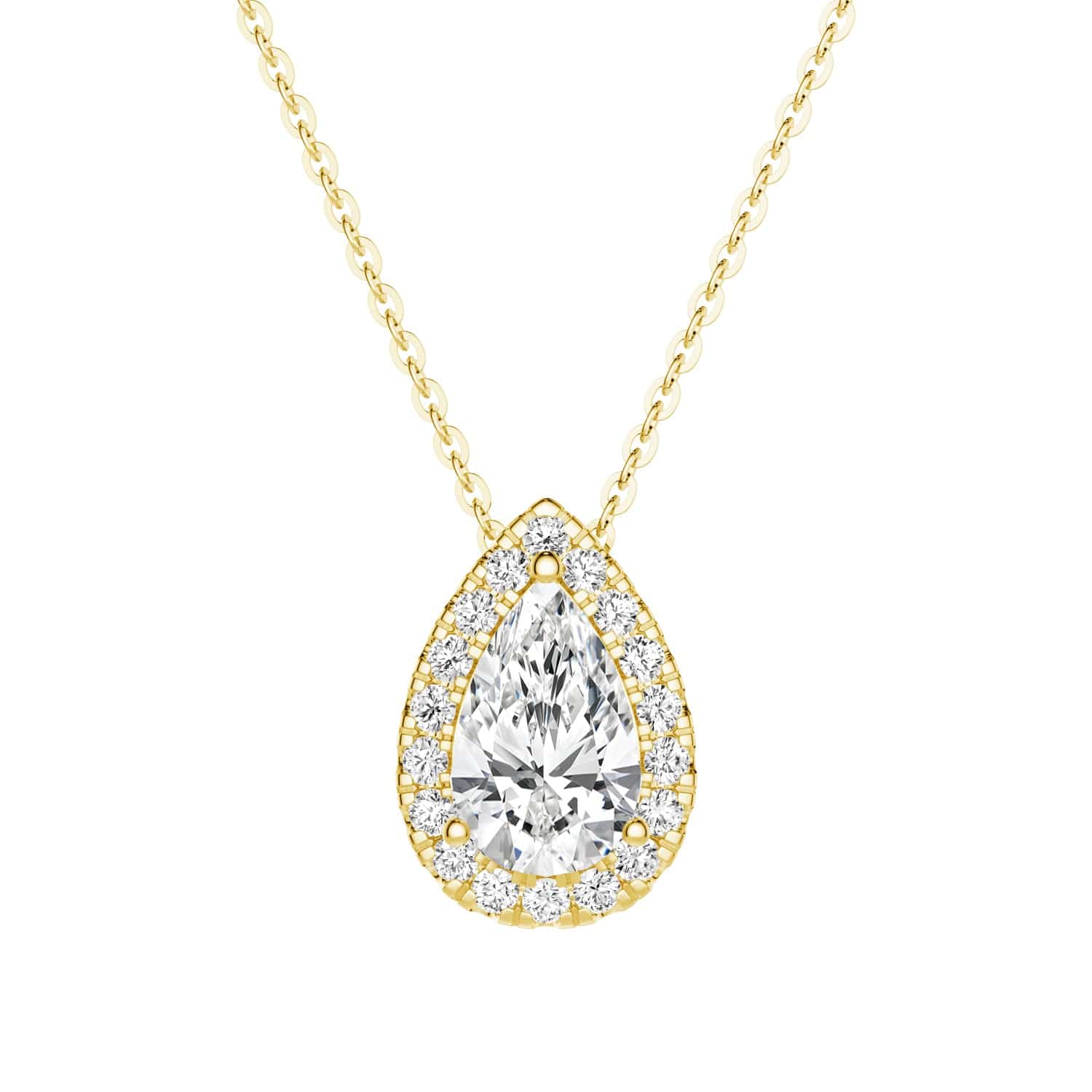 Pear Cut Moissanite Pavé Halo Pendant Necklace - 14K Gold Plated Elegant Jewelry for Women, Perfect for Weddings, Anniversaries & Special Occasions
