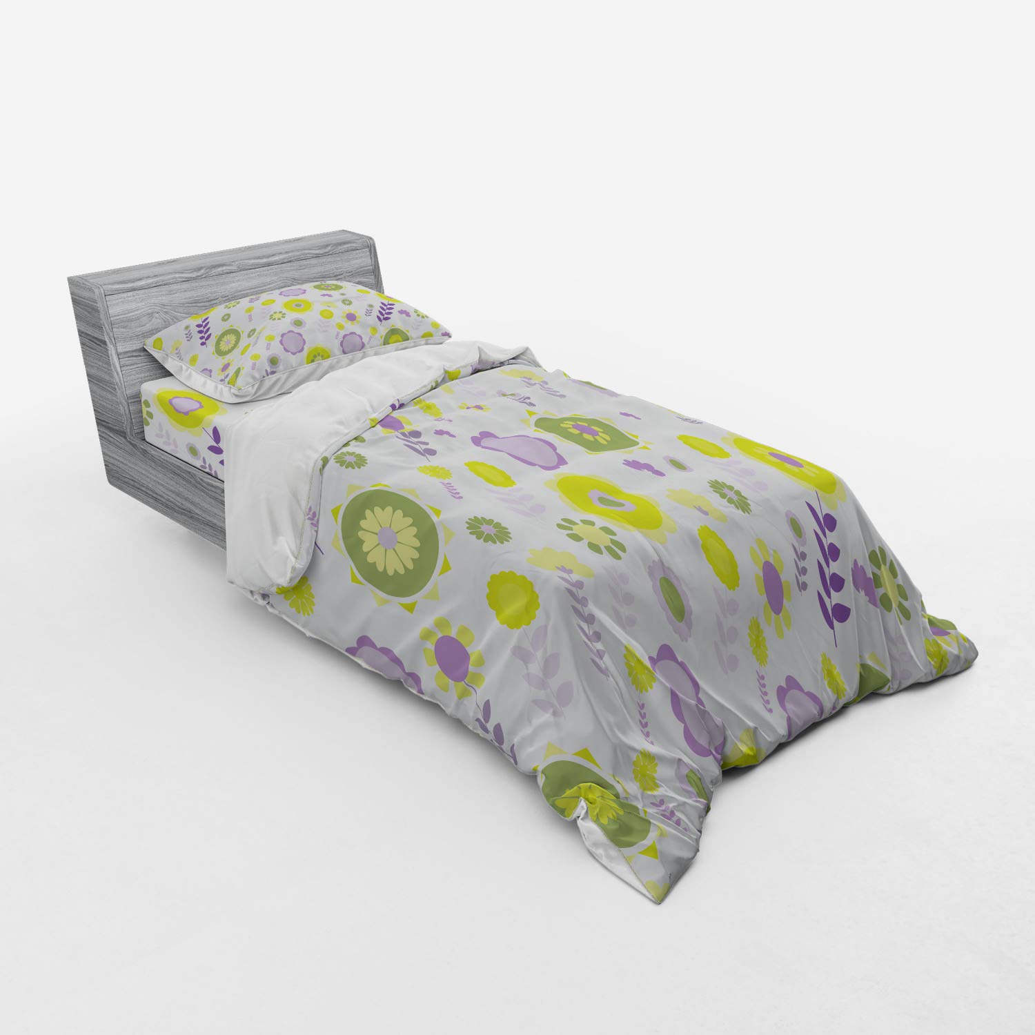 Ambesonne Floral Bedding Set - 3 Piece Duvet Cover with Sham & Fitted Sheet, Twin Size, Lilac Apple & Olive Green, Funky Flowers Pattern for Spring Decor | Nature-Inspired Botanical Bedroom Essentials for Teens & Guest Rooms