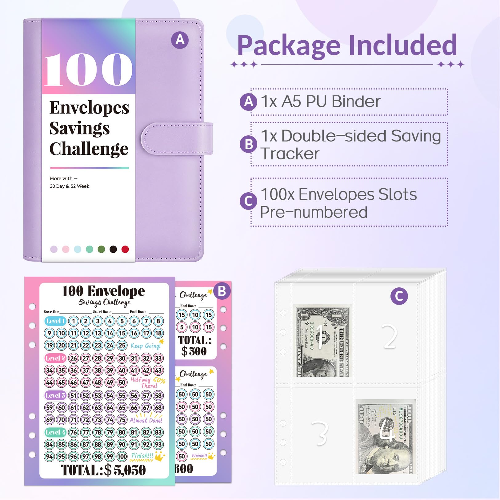 Sooez 100 Envelopes Money Saving Challenge Kit - $5050 Savings Tracker with Pre-Numbered Purple Binder & Motivational Guide | Budgeting Tool for Cash Envelope System, Emergency Fund, or Vacation Savings
