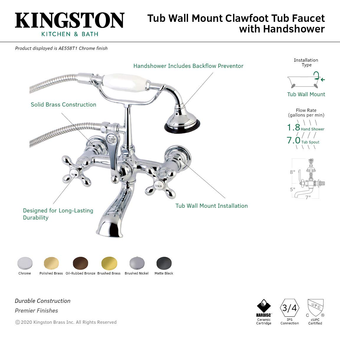 Kingston Brass AE558T1 Vintage Clawfoot Tub Faucet - 7 Inch Polished Chrome Finish for Bathroom Sink & Bathtub | Perfect for Antique & Classic Style Bathrooms