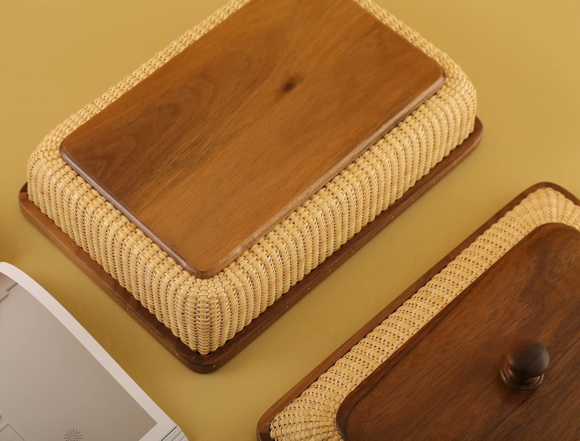 Handmade Nantucket Basket with Lid - Rectangular Cane Woven Storage Container for Home Organization | Decorative Shelf Baskets for Living Room, Bedroom & Bathroom Storage