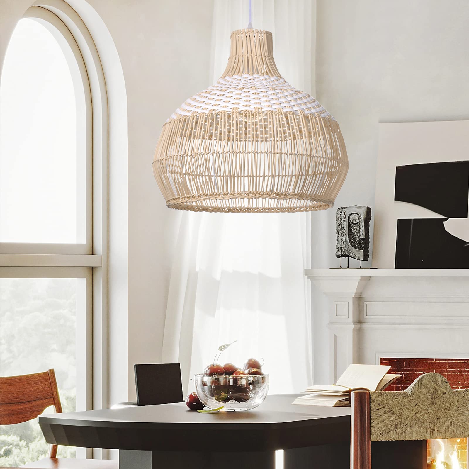 Arturesthome 1 Light White Handwoven Rattan Boho Pendant Light - Wicker Hanging Ceiling Chandelier with Handmade Woven Basket Shade - Perfect for Kitchen Island, Dining Room & Boho Home Decor