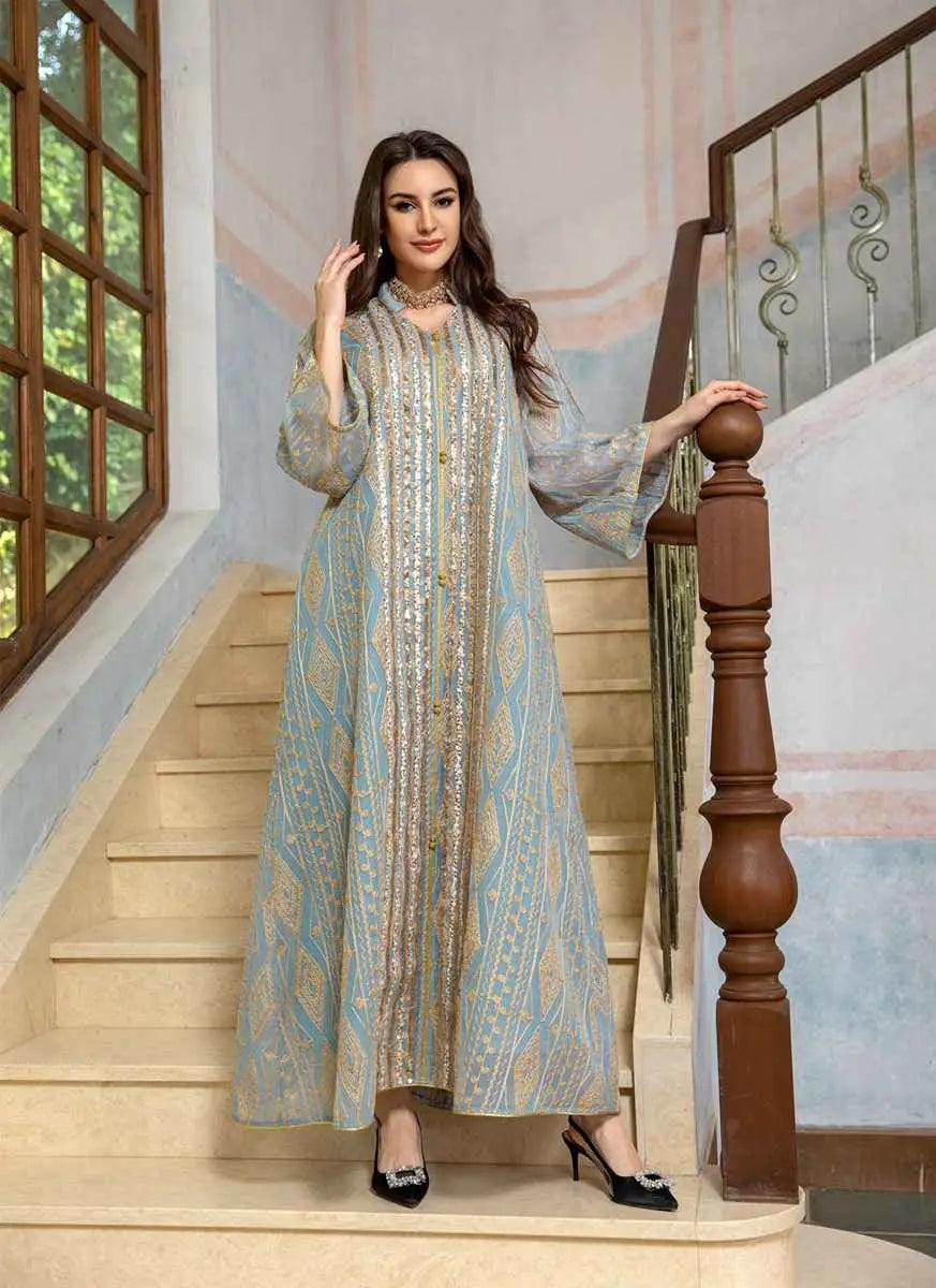 Elegant Eid Dress for Women - Sparkling Sequins & Embroidery Kaftan Caftan - Perfect for Eid Celebrations, Parties, and Special Occasions