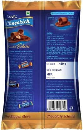 LuvIt Chocorich Assorted Eclairs - Hazelnut, Dark Chocolate & Milk Chocolate | 60 Pieces per Pouch | Pack of 2 (480g Each) | Perfect for Birthday Parties, Office Snacks & Gift Baskets