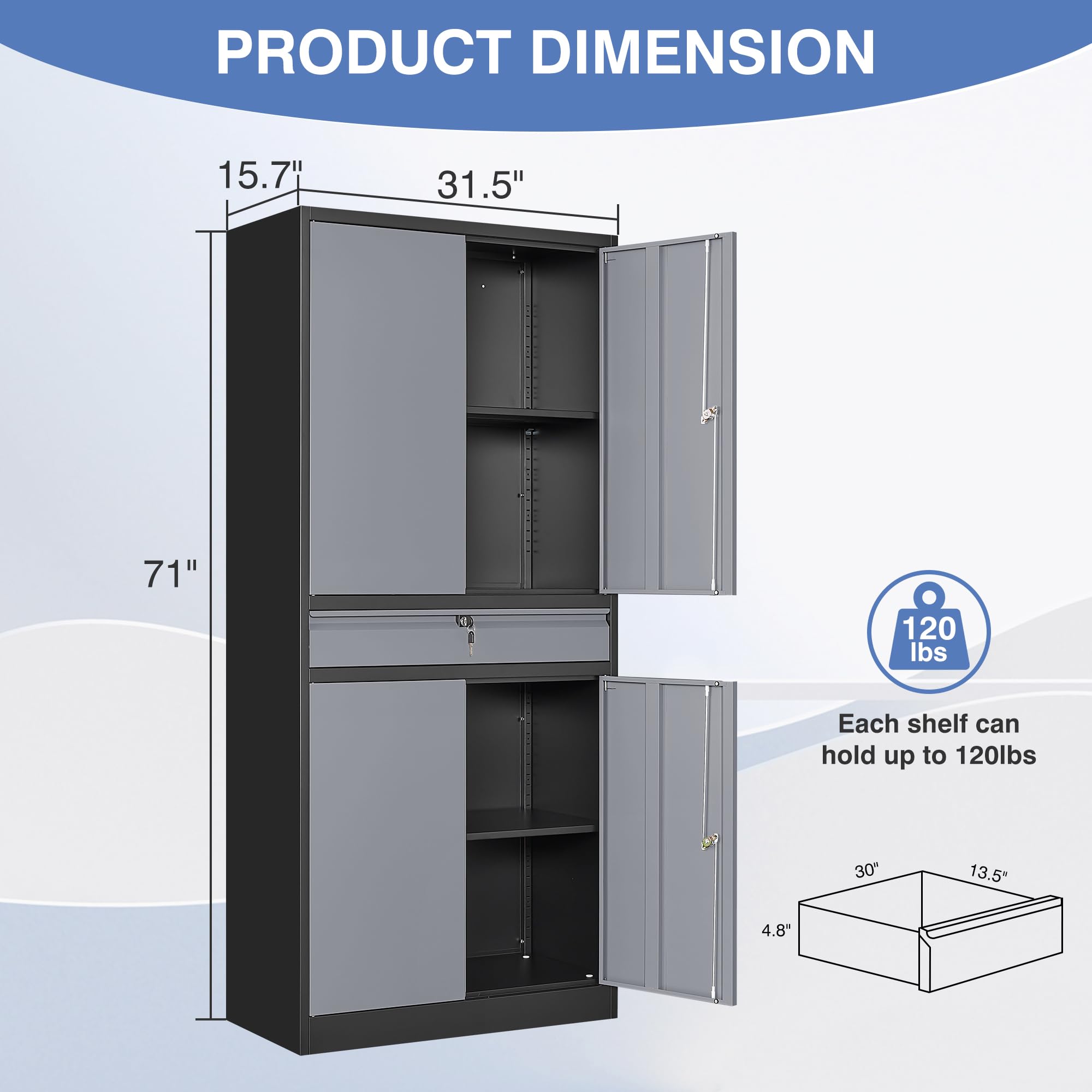 Heavy Duty Metal Storage Cabinet with Drawer - Locking Garage Cabinet with Adjustable Shelves for Home, Office & Warehouse Organization - Perfect for Tools, Supplies & Equipment Storage