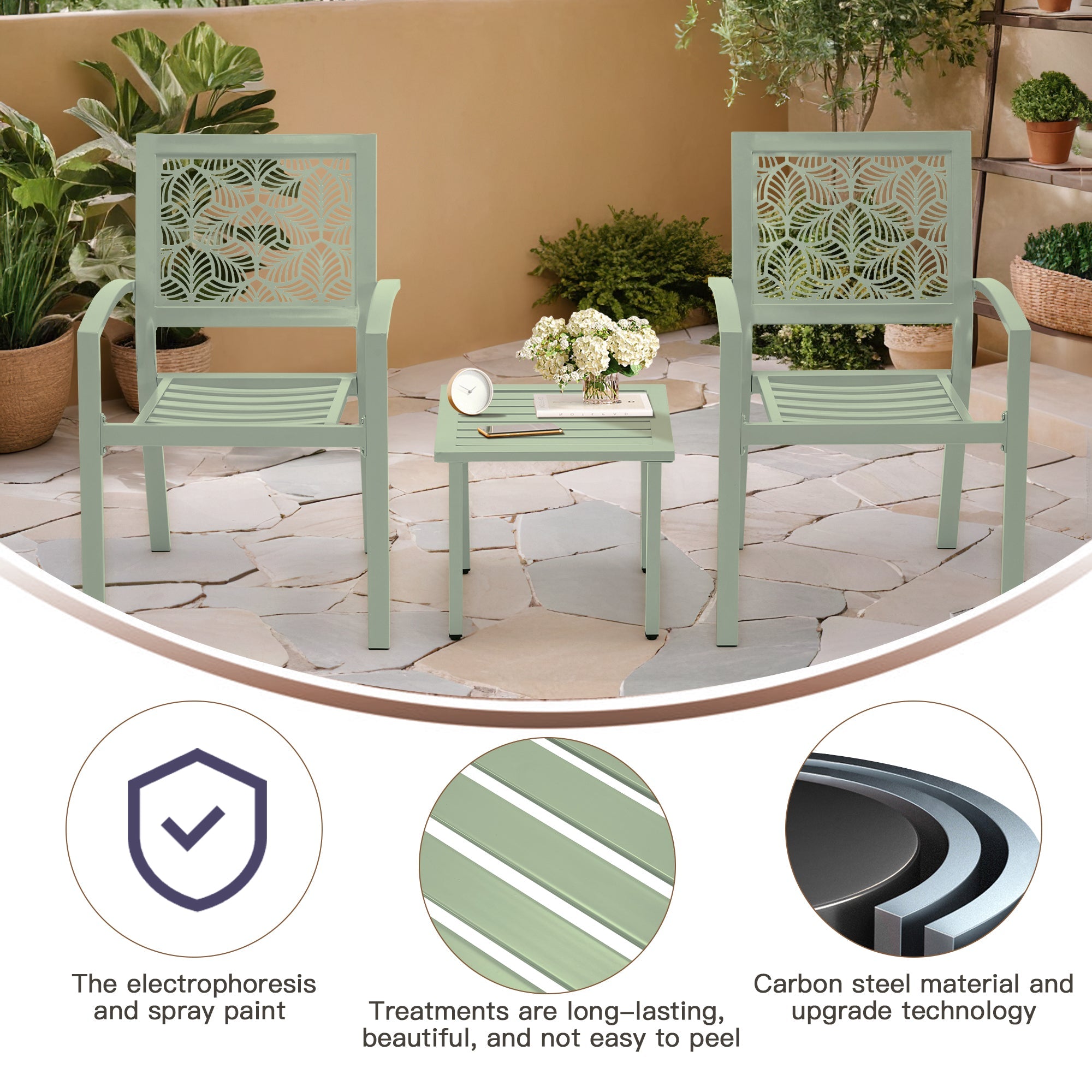 EROMMY 3-Piece Outdoor Bistro Set - Metal Patio Chairs & Table in Sage Green - Perfect for Garden, Balcony, and Small Outdoor Spaces
