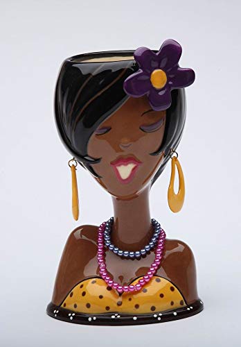 African American Glam Lady Ceramic Makeup Brush Holder with Earrings, Necklaces & Purple Flower Vase - 6-3/8