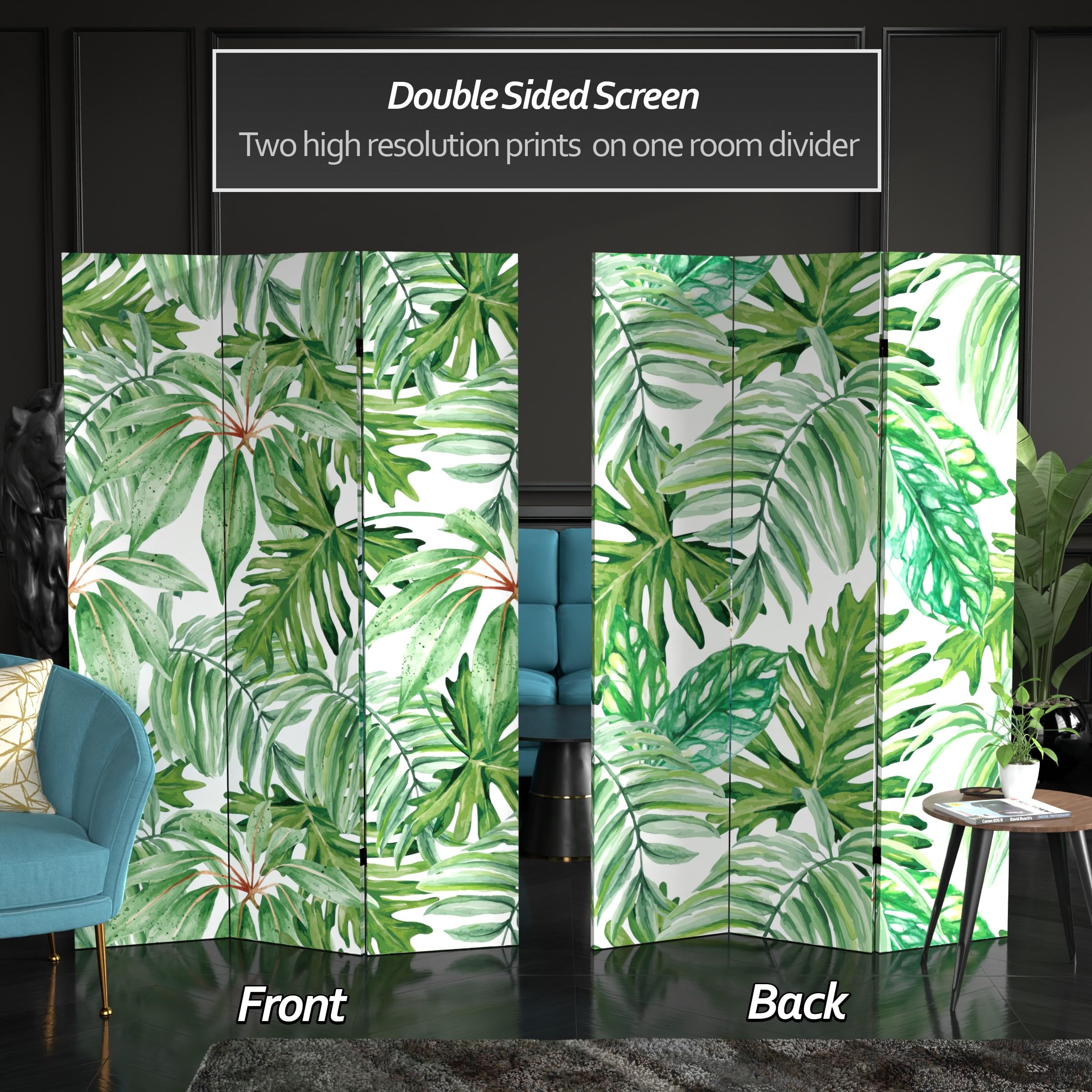 6 ft. Tall Double Sided Palm Leaves Canvas Room Divider - Tropical Green Folding Privacy Screen for Home, Office, Patio or Wedding Decor