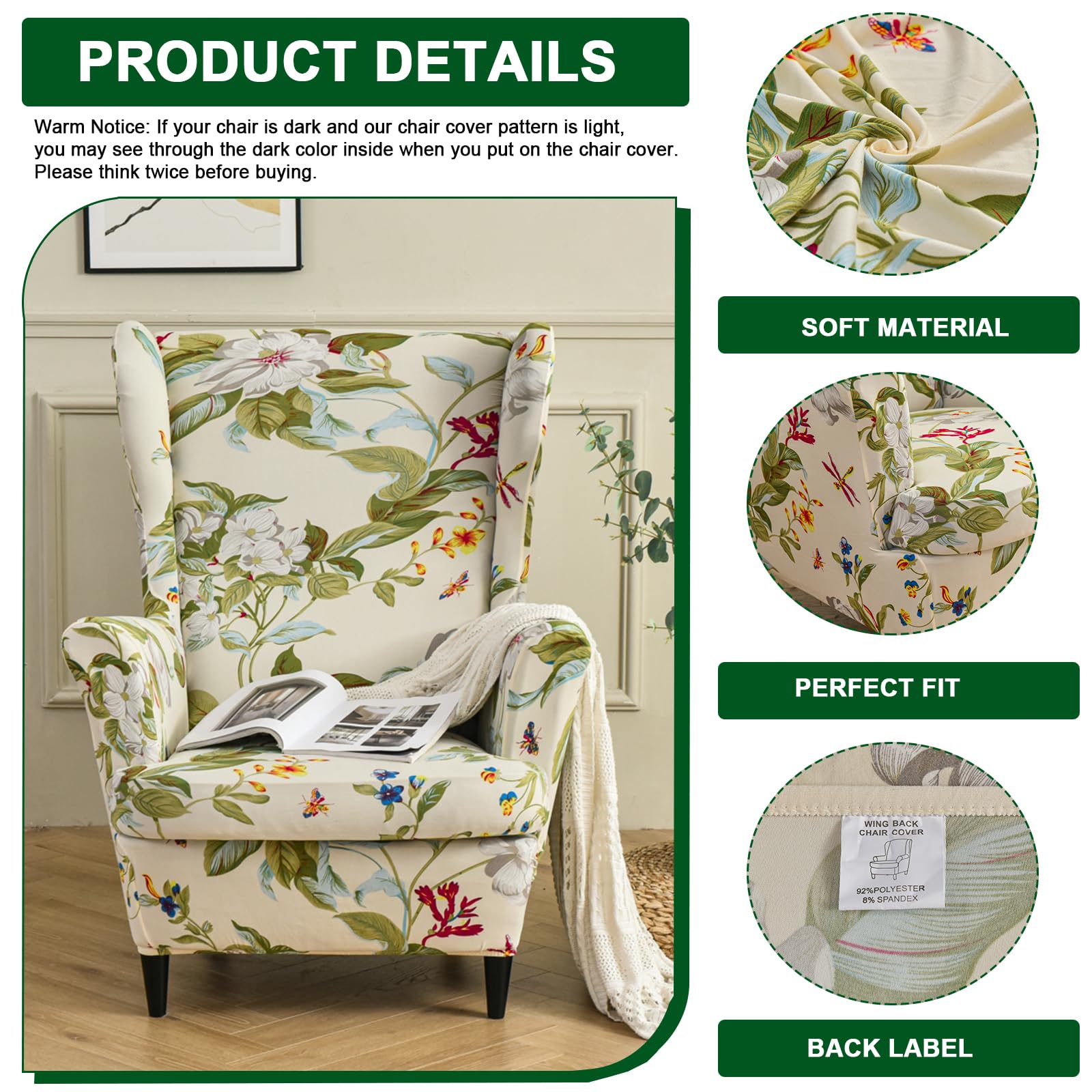 CRFATOP 2-Piece Stretch Wingback Chair Cover Set - Printed Spandex Slipcover with Elastic Bottom for Living Room, Bedroom - Fits Most Wingback Armchairs (06) - Perfect for Home Decor, Furniture Protection & Style Upgrade
