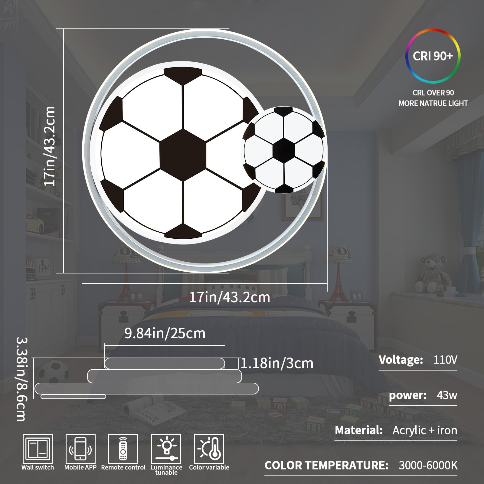 Modern LED Ceiling Light for Kids Room - Dimmable Soccer Flush Mount Light with Remote Control, 17