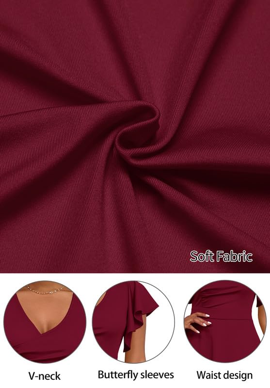 Elegant Women's Cocktail Midi Dress with V Neck & Ruffle Short Sleeves - Wrap A-Line Semi-Formal Wedding Guest Dress for Parties, Dinners & Special Occasions