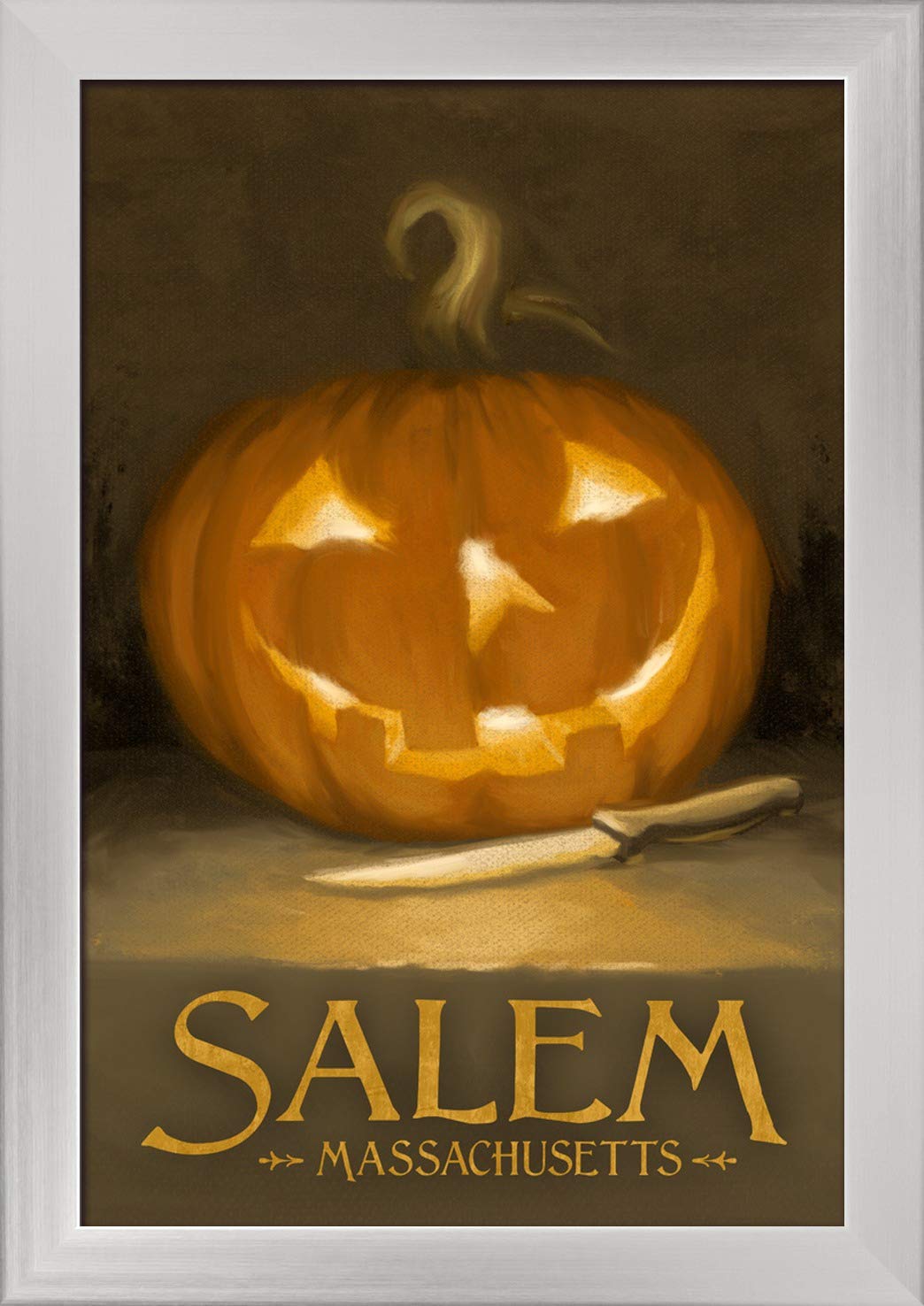 Salem Massachusetts Jack-O-Lantern Halloween Oil Painting - 12x18 Giclee Fine Art Print with Recycled Wood Frame in Silver - Perfect for Spooky Home Decor, Witchy Aesthetic & Halloween Party Decorations