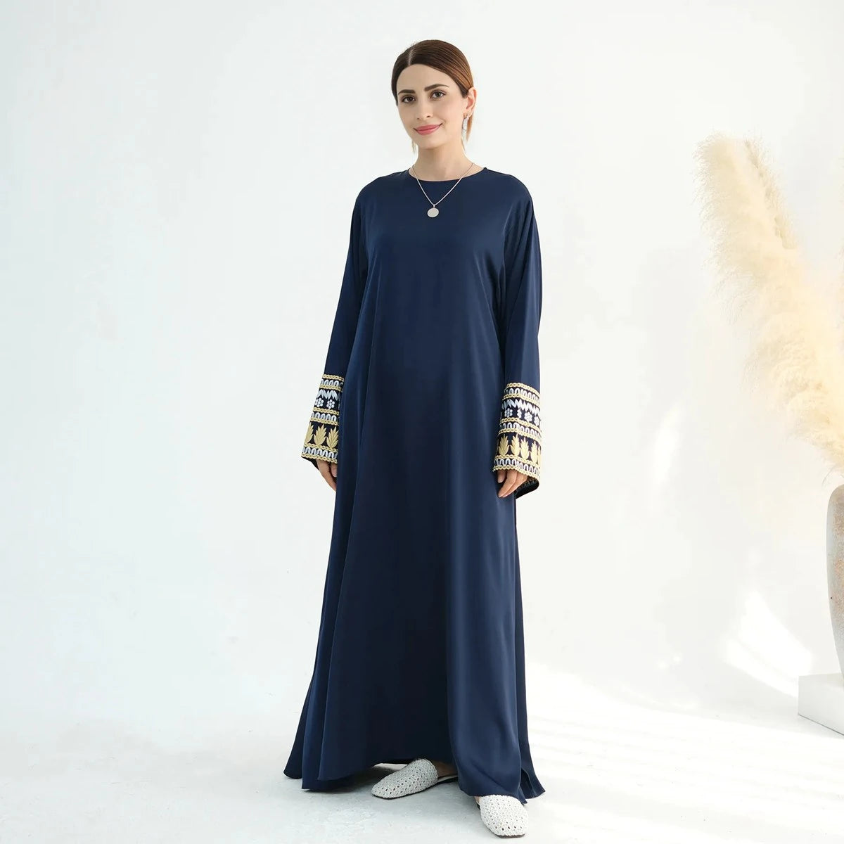 Elegant Satin Abaya Dress with Embroidery Cuff - Modest Islamic Clothing for Women | Perfect for Prayer, Eid, and Special Occasions
