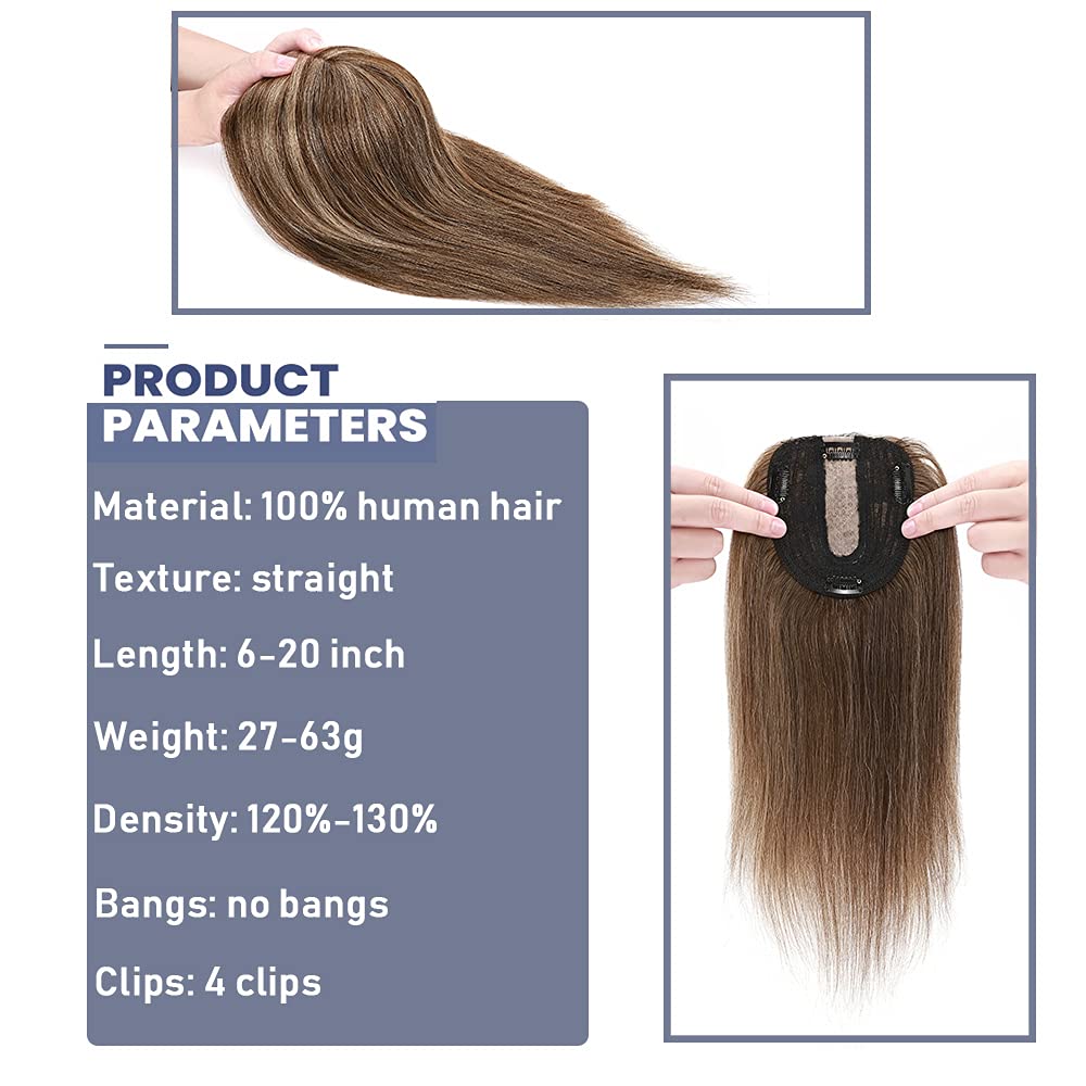 SEGO Clip-in Human Hair Topper for Women - No Bangs Remy Hair Topper with Silk Base for Thinning Hair & Hair Loss - Natural Grey Hair Coverage - 4 Secure Clips - Perfect for Daily Wear, Special Occasions & Confidence Boosting
