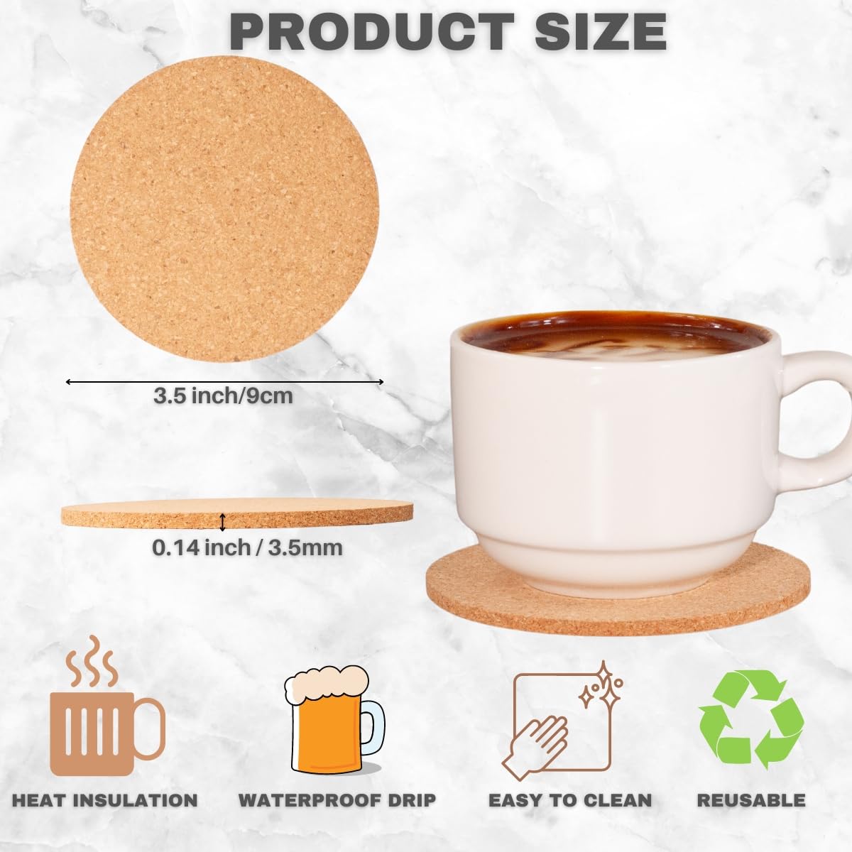 Premium Cork Coasters Set of 30 - 3.5 Inch Round Natural Eco-Friendly Absorbent Drink Pads for Coffee, Wine & Beverages - Heat & Water Resistant Table Protectors for Home, Office, Bar & Outdoor Use