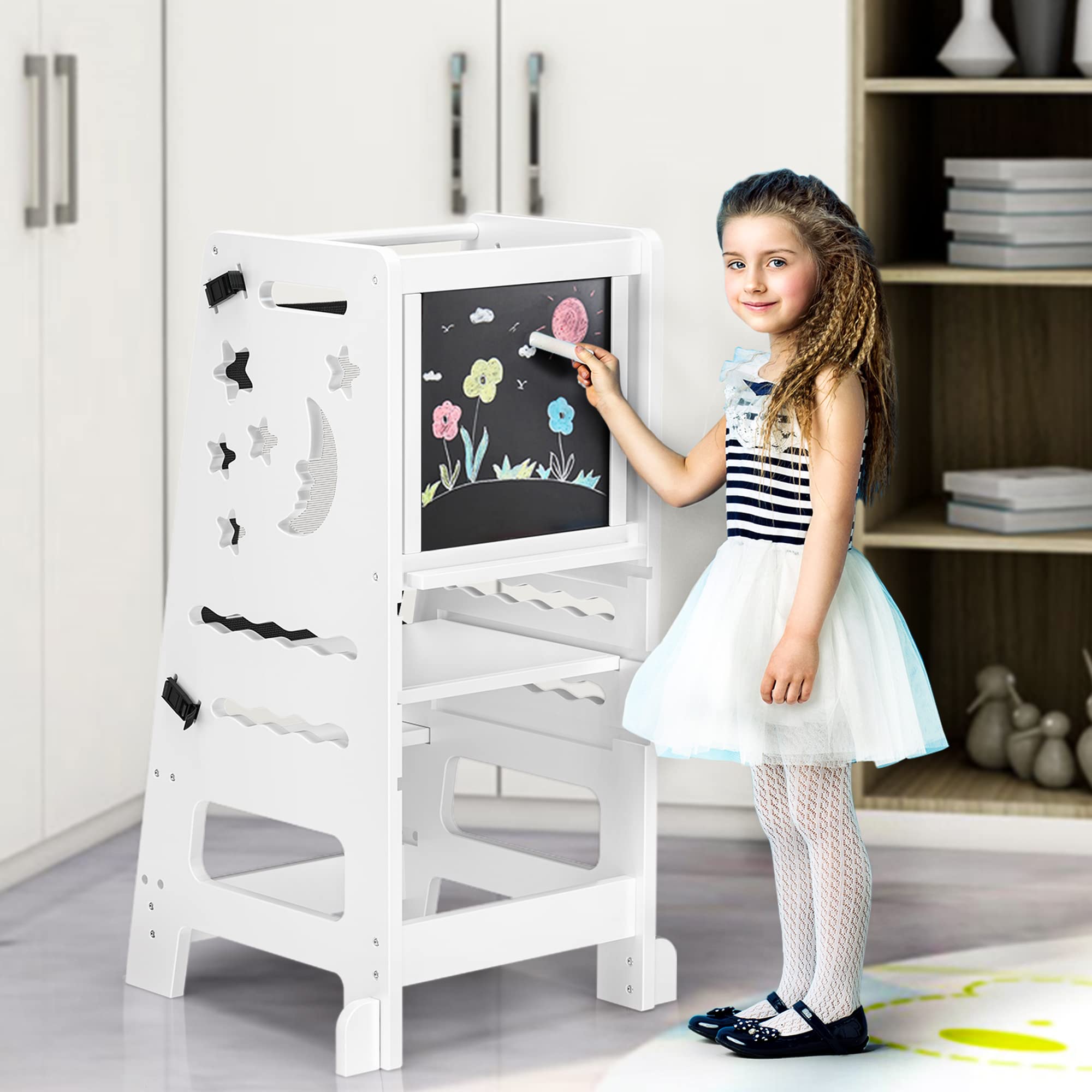 TOETOL Adjustable Bamboo Toddler Step Stool - Kids Learning Tower Helper with Black & White Activity Board | Safe Kitchen Stool for Cooking, Baking & Playtime | Eco-Friendly Toddler Stool for Montessori Learning