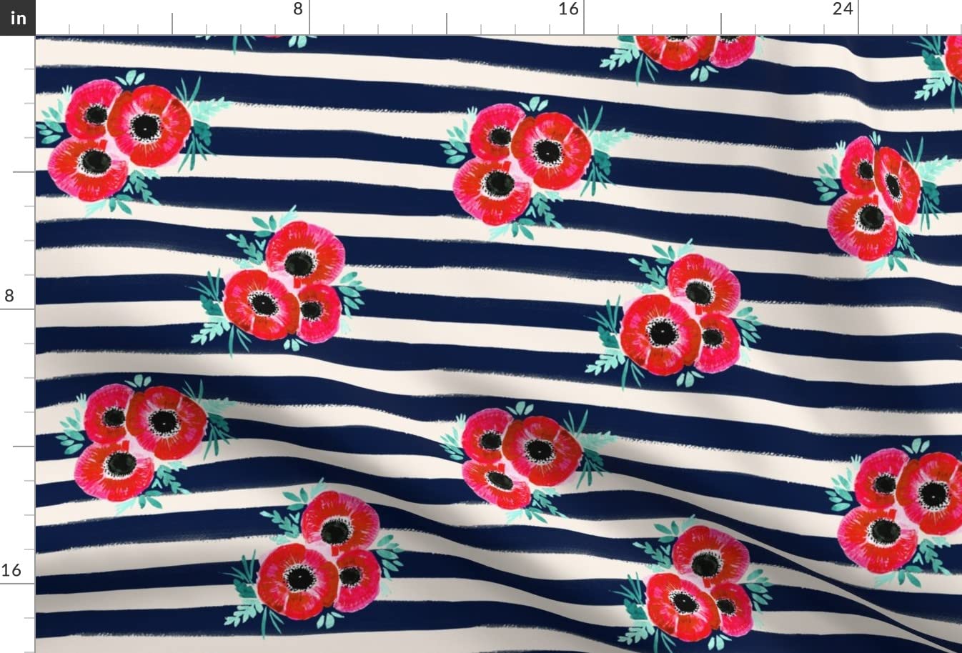 Navy Stripe Poppy Floral Blue Printed Minky Fabric Fat Quarter - Soft Plush Fabric for Sewing Baby Blankets, Quilt Backing & DIY Plush Toys - Perfect for Nursery Decor, Baby Gifts & Craft Projects