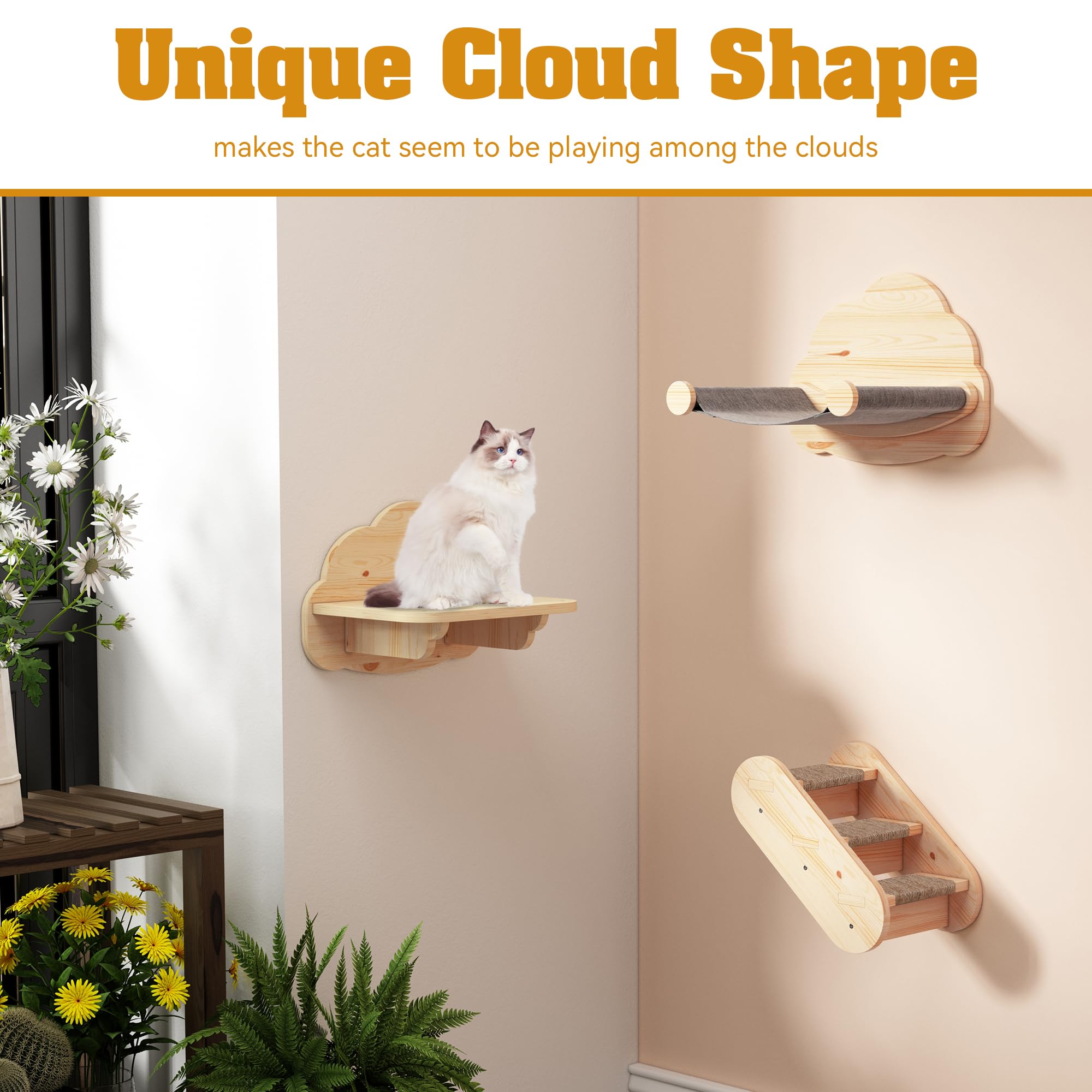 Wall Mounted Cat Furniture Set - 3PCS Solid Wood Shelves & Perches for Climbing & Lounging