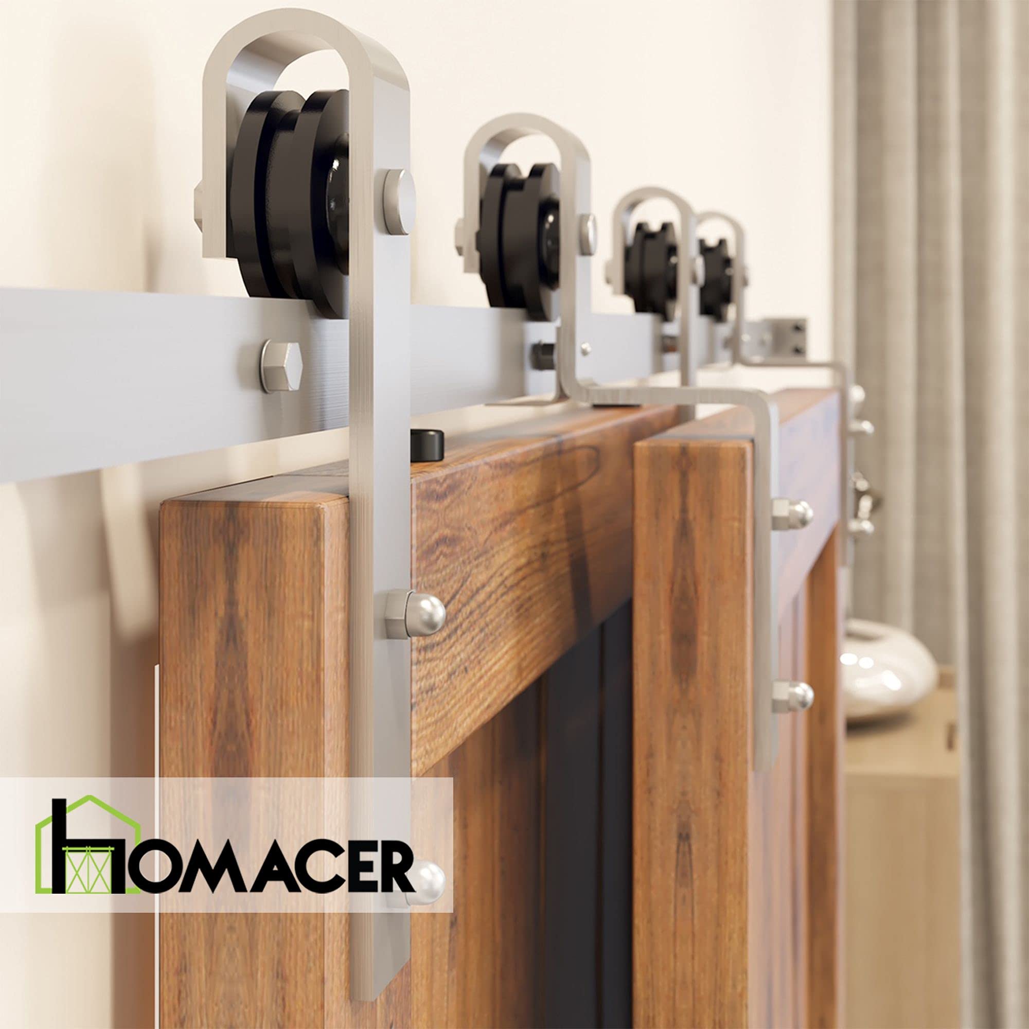Homacer Brushed Nickel Single Track Bypass Sliding Barn Door Hardware Kit for Double Doors - 7.5ft Flat Track with Classic Roller Design - Perfect for Farmhouse, Rustic, and Modern Interior Styles