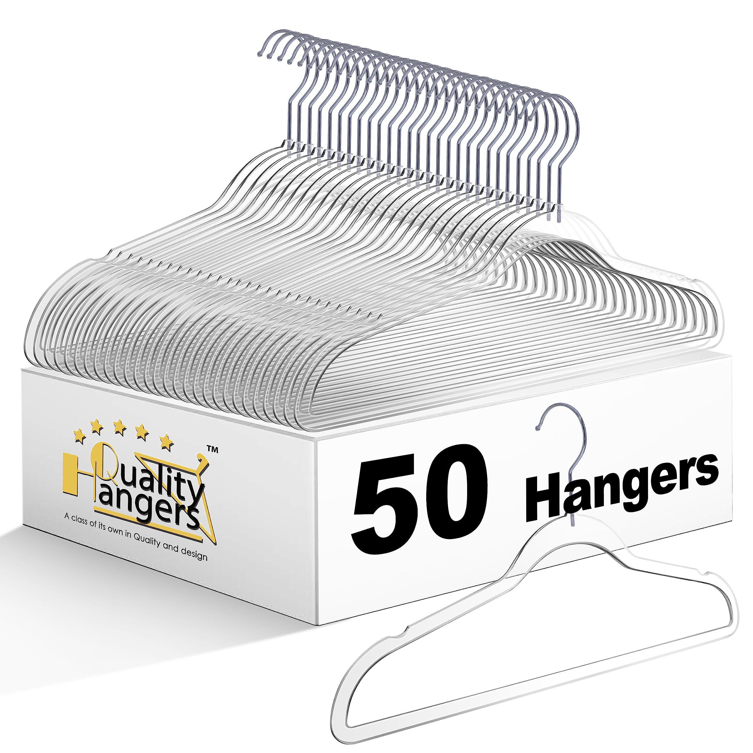Premium Clear Plastic Hangers for Clothes - 50 Pack Heavy Duty Space Saving Acrylic Hangers with 360° Swivel Hook & Notches (17.5 Inch) - Perfect for Closet Organization, Retail Stores & Travel Packing