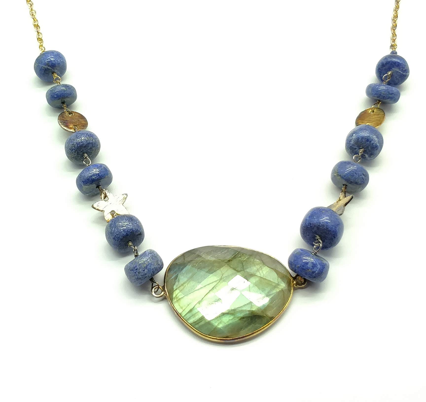 Natural Blue Fire Labradorite & Lapis Lazuli Bar Necklace - 24K Gold Plated Delicate Chain Necklace for Women | Dainty Stacking Jewelry | Perfect for Layering, Everyday Wear & Special Occasions