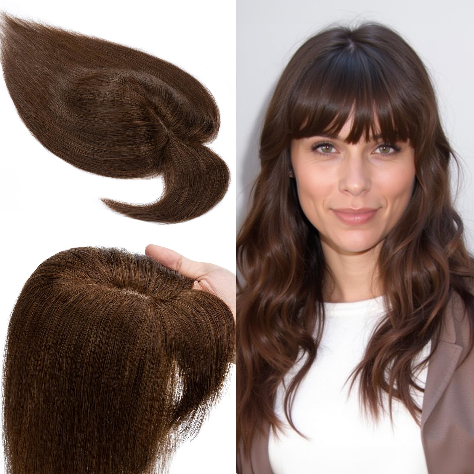 SEGO 100% Real Human Hair Toppers with Bangs - Silk Base 150% Density Clip-in Hairpiece (2.7”x5.1”) for Women with Thinning Hair - Covers Hair Loss & Gray Hair - Perfect for Daily Wear, Special Occasions & Confidence Boost