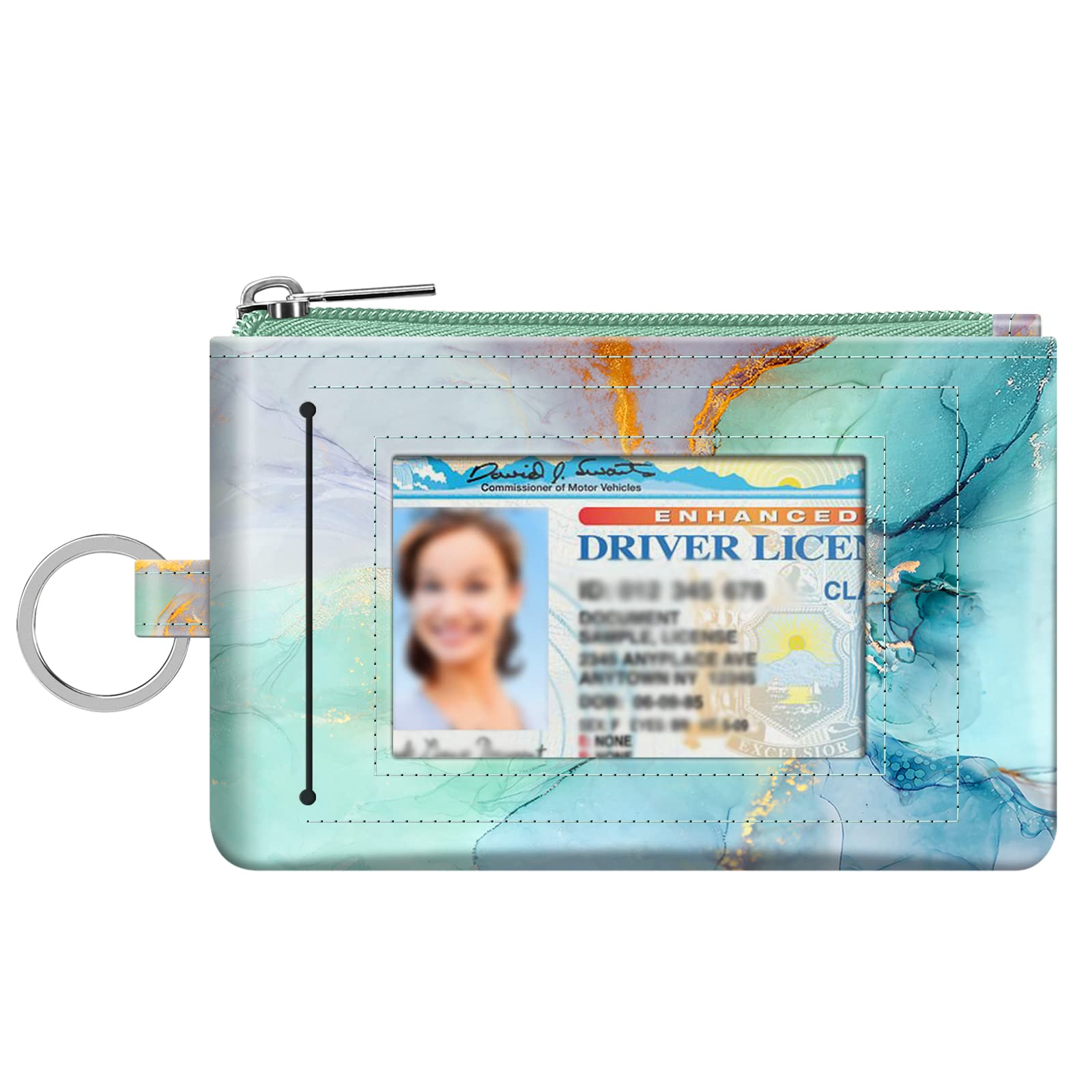 Fintie Slim RFID Blocking Zip ID Case & Coin Purse Wallet - Card Holder with Key Ring, Change Pouch for Credit Cards, Cash, Keys - Emerald Marble Design | Perfect for Travel, Work & Everyday Use