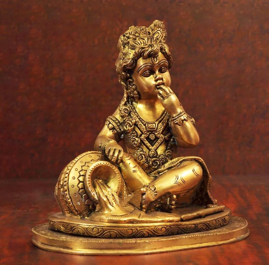 Baby Krishna Brass Statue - Handcrafted Hindu Deity Figurine for Home Altar, Pooja Room Decor & Spiritual Gift