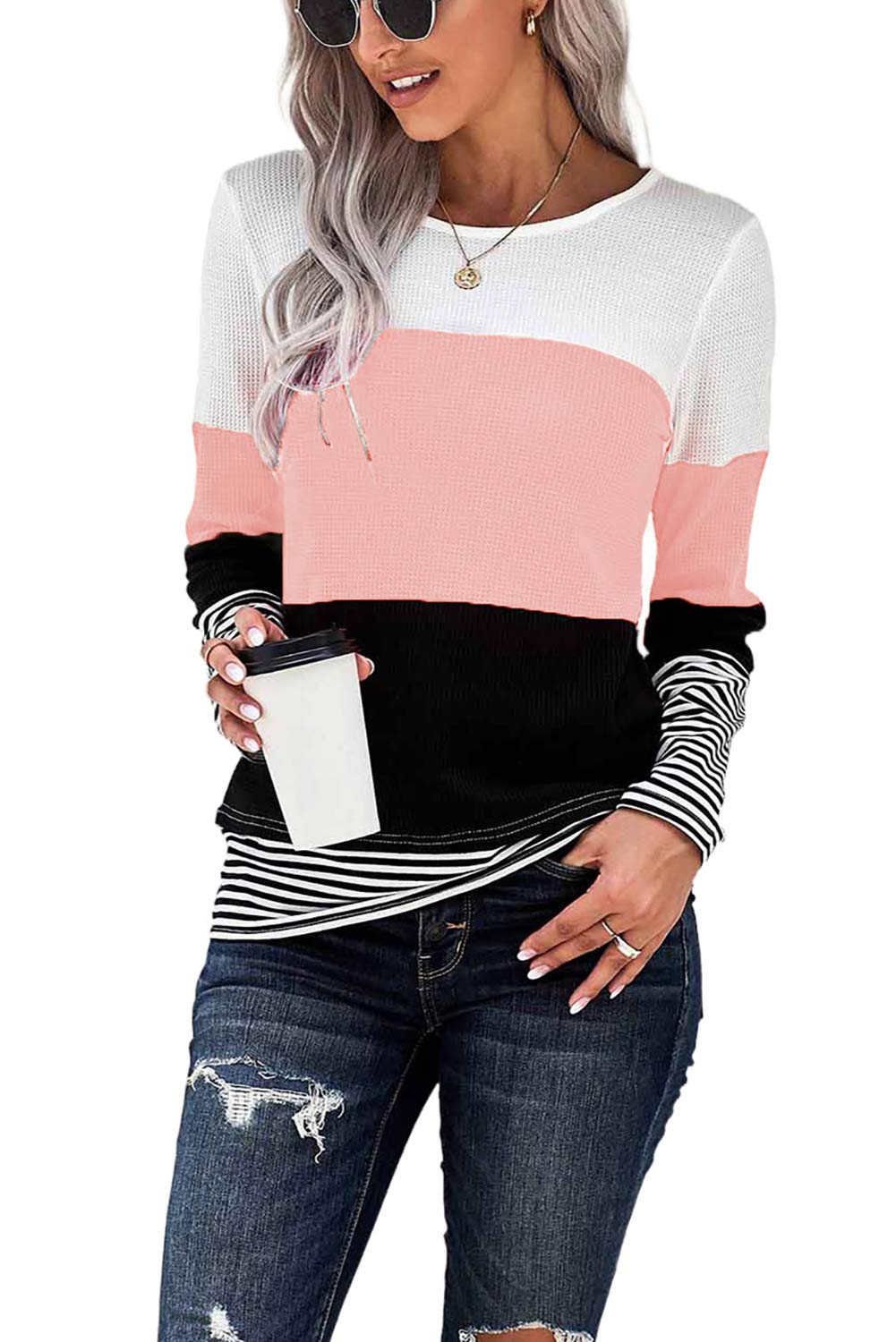 KINSWT Women's Color Block Striped Long Sleeve Crewneck Sweater Top | Casual Fall Winter Knitwear for Office, Date & Everyday Wear