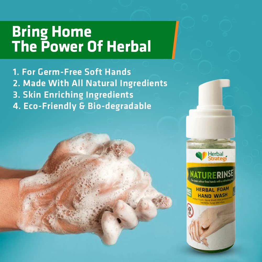 Herbal Strategi – Foam Hand Wash with Lemongrass, Neem Oil, Lemon Oil, Tulsi & Coconut Oil | Eco-Friendly, Biodegradable & Skin-Safe | Baby & Pet-Friendly Natural Hand Soap | 150mL | Perfect for Home, Kitchen, Bathroom & Travel Use