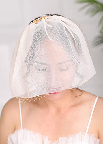 Ivory Wedding Veil with Comb - Bandeau Bridal Veil with Pearls & Rhinestones - Elegant Birdcage Veil for Brides - Perfect for Vintage, Boho, and Classic Wedding Hairstyles