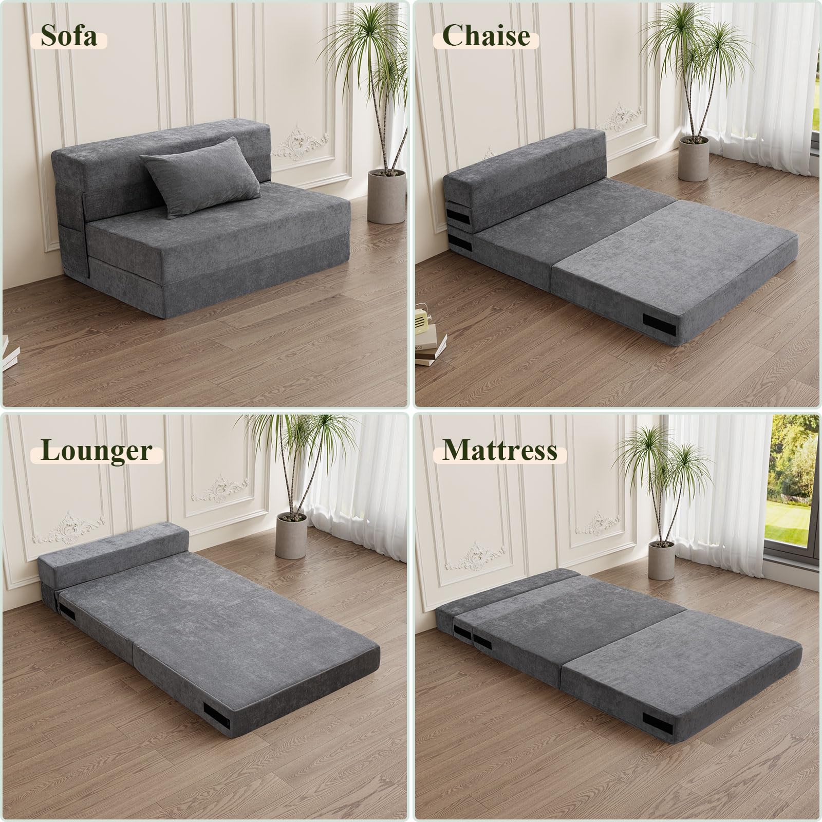 HOMFINE Folding Sofa Bed - Convertible Sleeper Chair with Pillow, Twin Size Gray Futon Couch for Small Spaces | Fold Out Couch & Foam Floor Mattress | Perfect for Living Room, Dorm, Guest Room & Home Office | Space-Saving Multi-Functional Furniture for Relaxing, Lounging & Overnight Guests