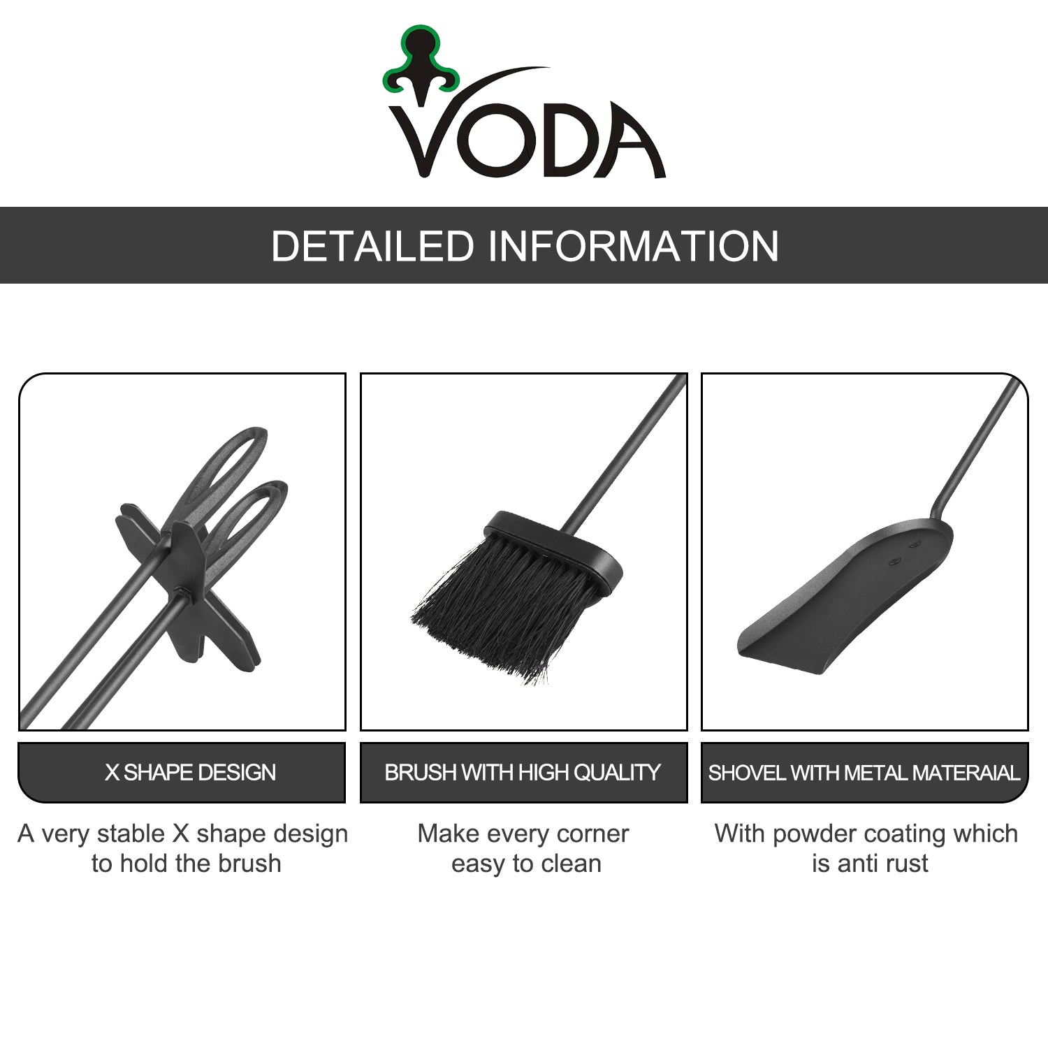 VODA™ Fireplace Tools Set VDTS400 - Heavy Duty Fireplace Poker, Brush, Shovel & Stand - Perfect for Indoor & Outdoor Fire Pits, Wood Stoves, and Fireplaces