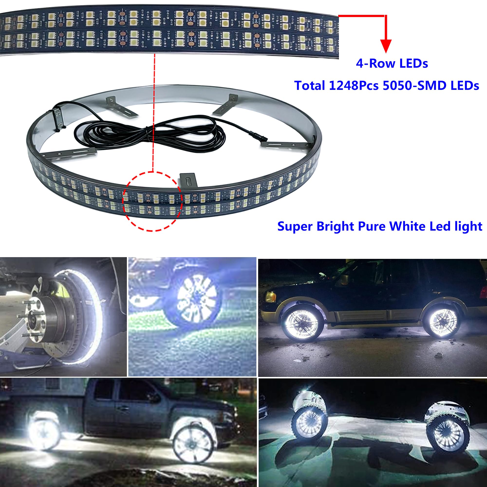 17in Quad Row White LED Wheel Ring Lights with App & RF Remote Control - 1248 LEDs, Waterproof IP68, Pure White Rim Lights for Trucks, Cars, SUVs, Pickups - Perfect for Off-Roading, Car Shows & Night Driving
