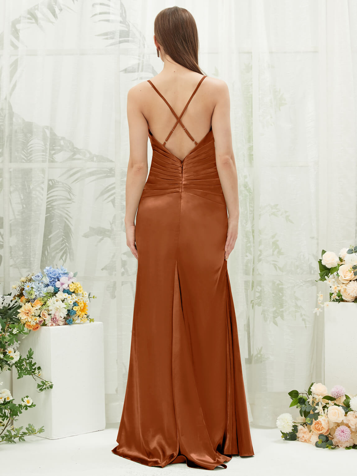 Elegant Cooper Satin Cowl Neck Adjustable Straps Backless Long Bridesmaid Dress - Perfect for Weddings, Formal Events & Evening Parties
