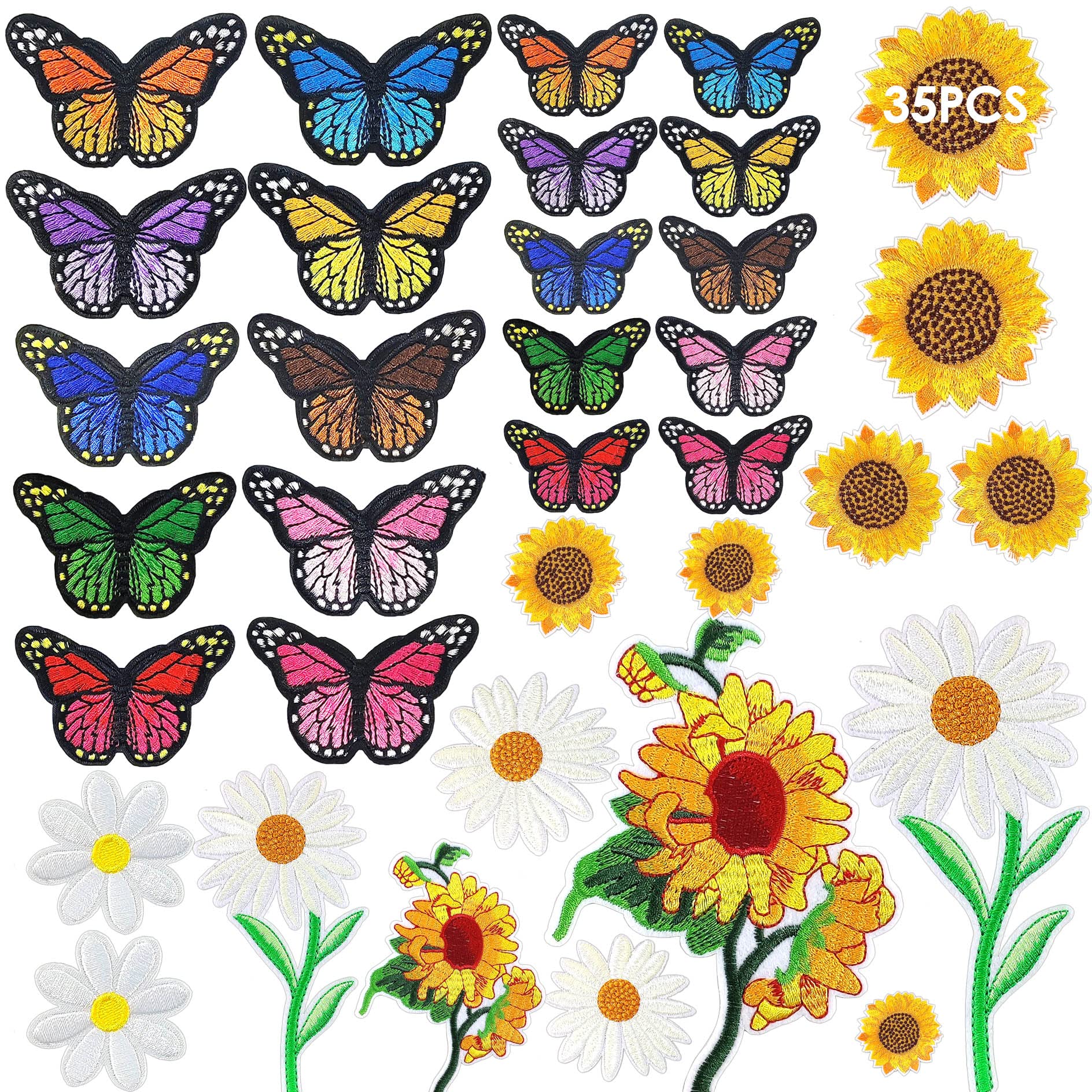 DIY Iron On Patches for Clothing - 35PCS Embroidered Sunflower & Butterfly Patch Set - Cute Sew On Patches for Jeans, Bags, Jackets - Perfect for DIY Crafts, Fashion Upcycling & Personalized Gifts (Ideal for Teens, Kids & Craft Lovers)