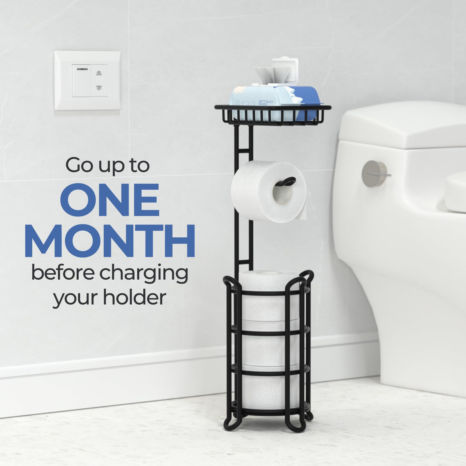 TreeLen Toilet Paper Holder Stand with Shelf - Matte Black Bathroom Tissue Roll Dispenser for Mega Rolls | Space-Saving Storage Solution for Small Bathrooms & Powder Rooms
