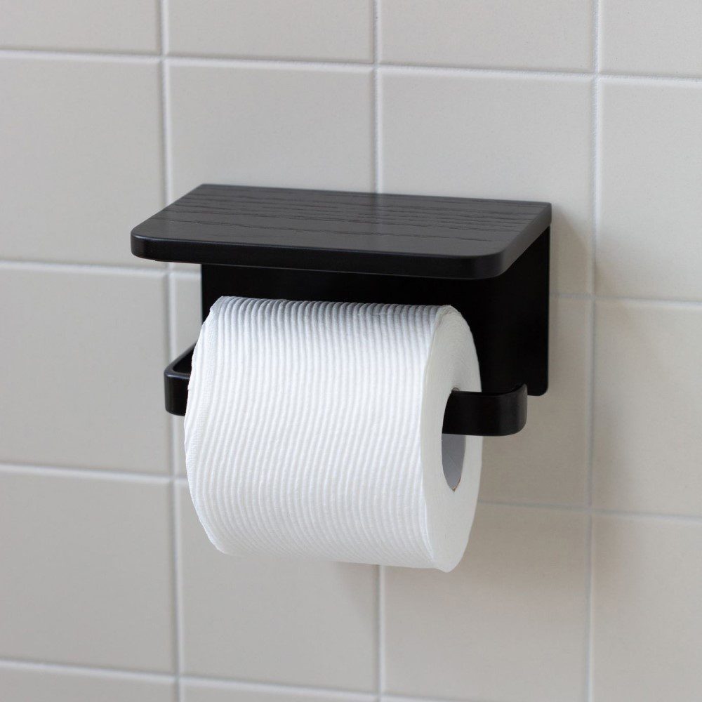 DESIGNSTUFF Black Single Toilet Paper Holder with Shelf - Bathroom Storage Organizer for Small Spaces & Modern Home Decor